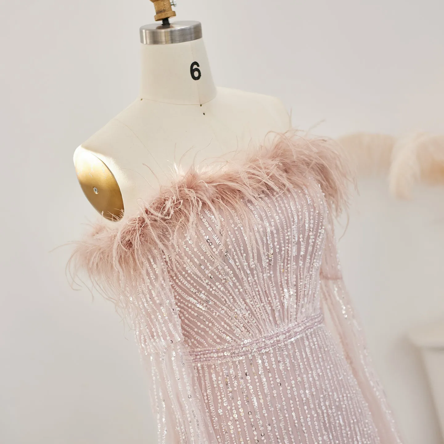 Luxury Feathers Pink Evening Dress with Cape Sleeves  SS215