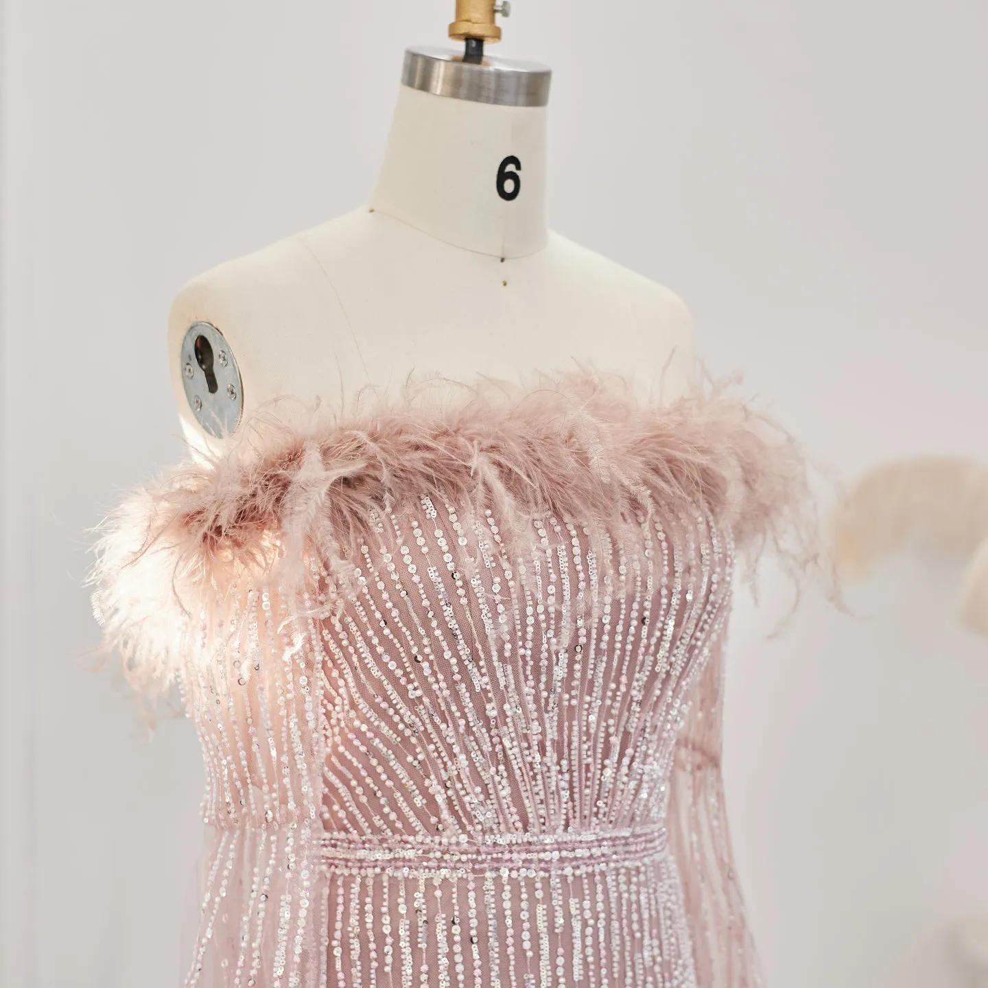 Luxury Feathers Pink Evening Dress with Cape Sleeves  SS215