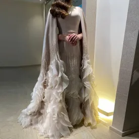 Luxury Nude Ruffles Evening Dress with Cape Sleeves SS440