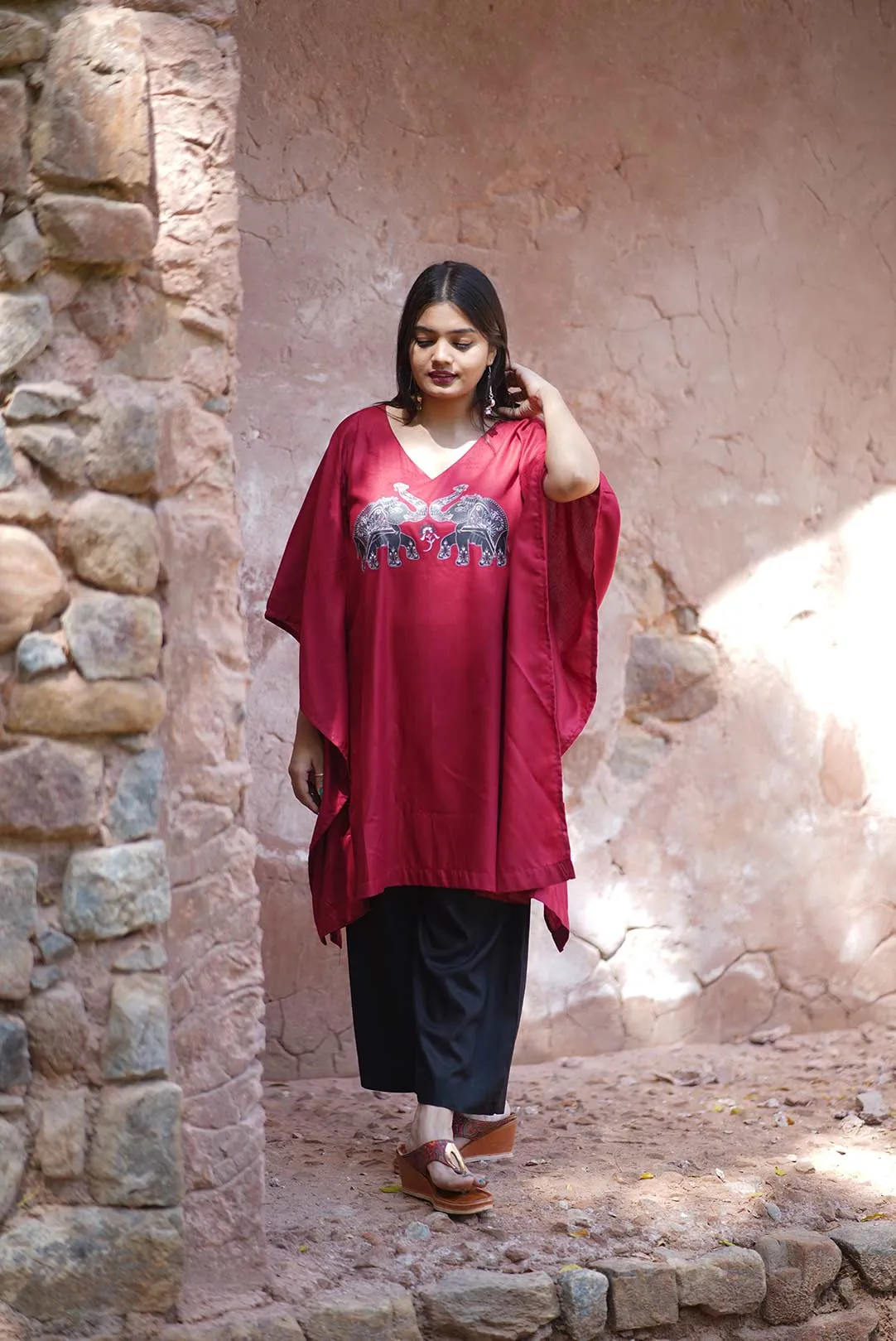 Maroon Rayon Kurti & Black Palazzo - Saheli e Fil