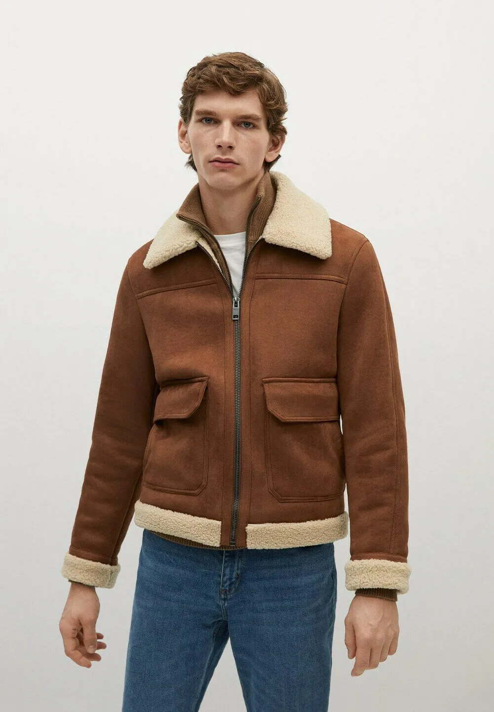 Men's Aviator Tan Brown Leather Shearling Jacket