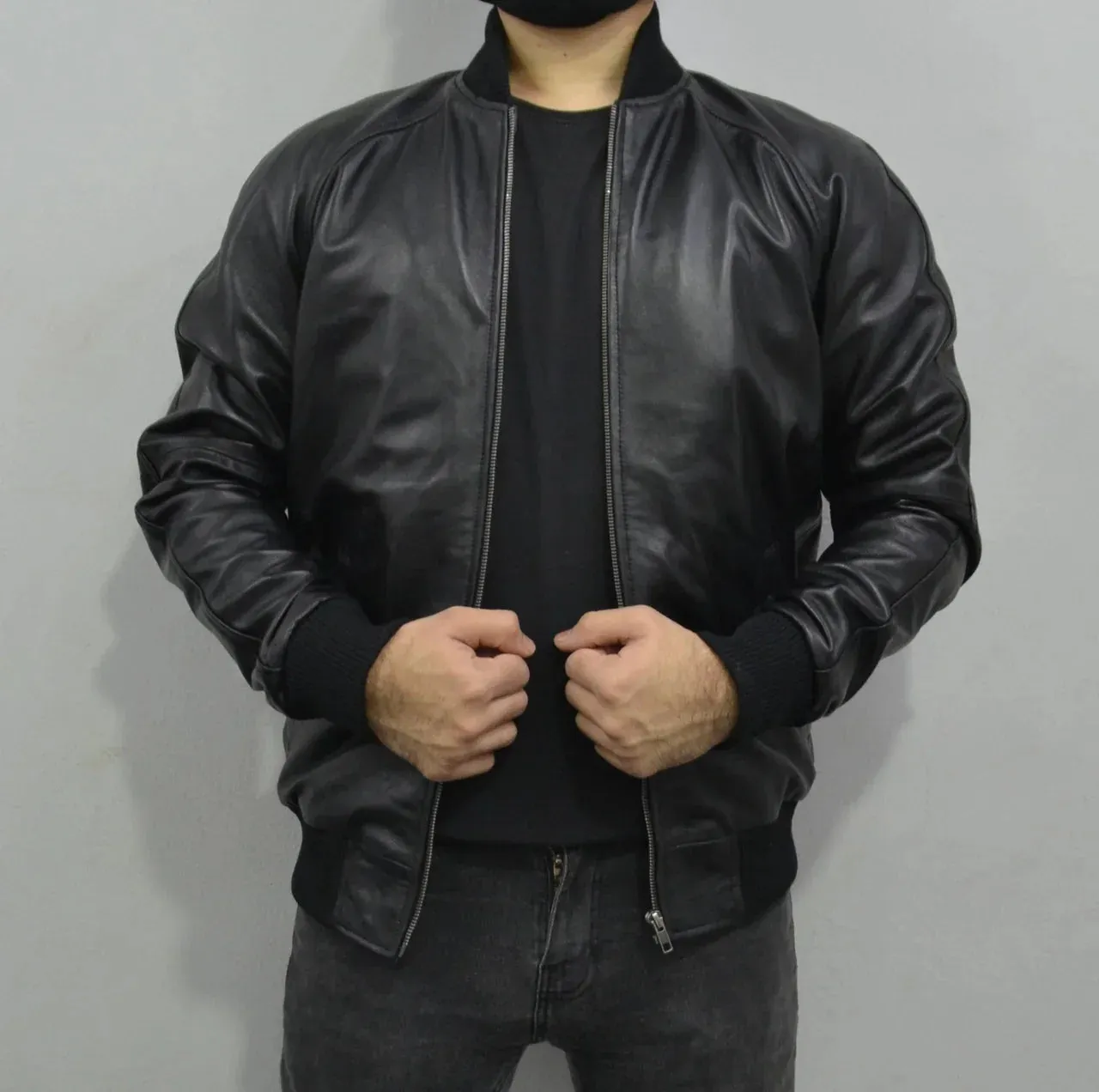 Men's Baseball Letterman Varsity Genuine Leather Black Bomber Jacket