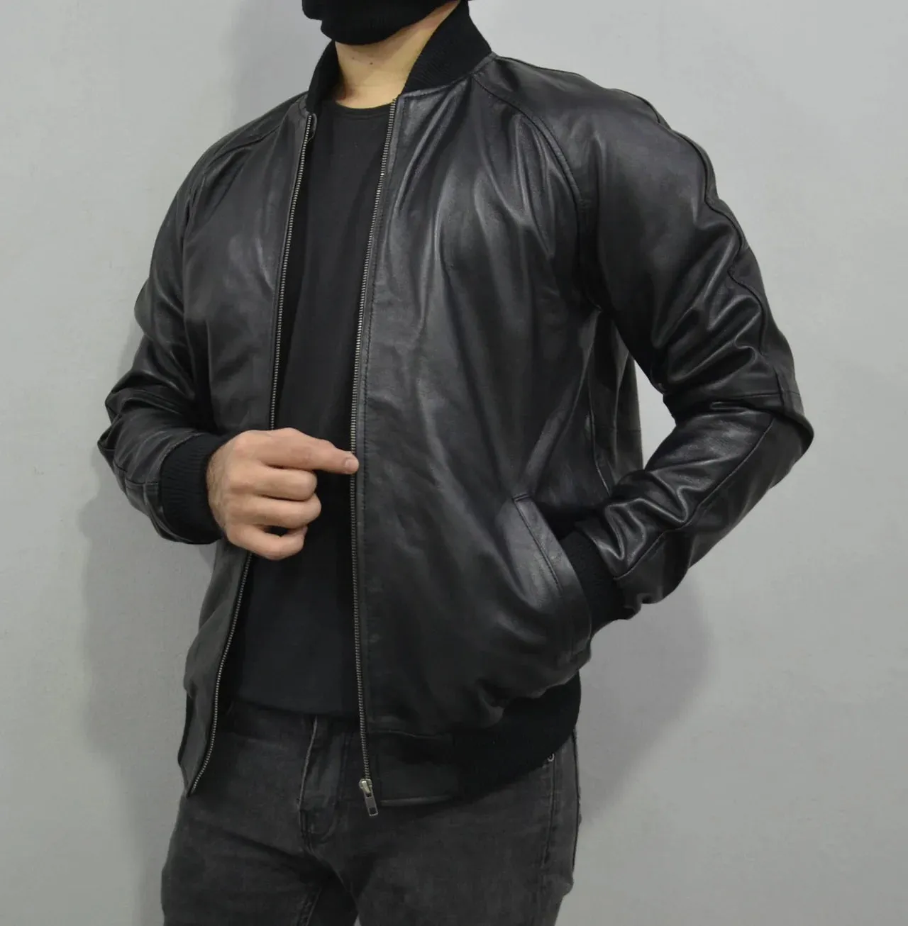 Men's Baseball Letterman Varsity Genuine Leather Black Bomber Jacket