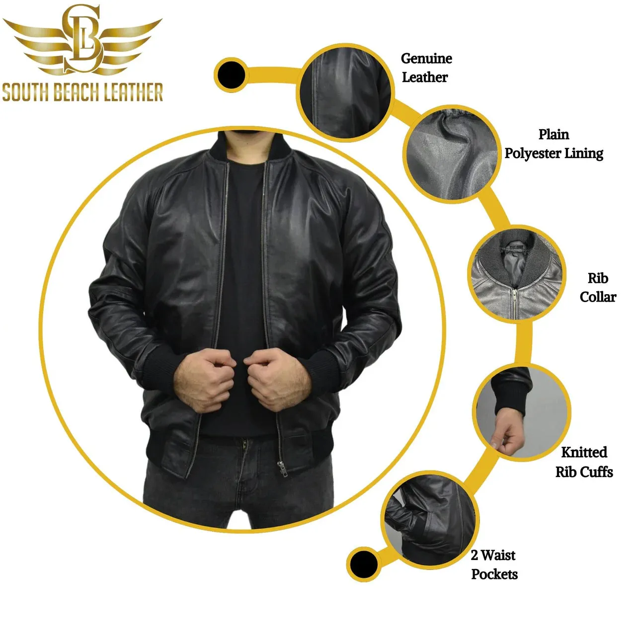 Men's Baseball Letterman Varsity Genuine Leather Black Bomber Jacket