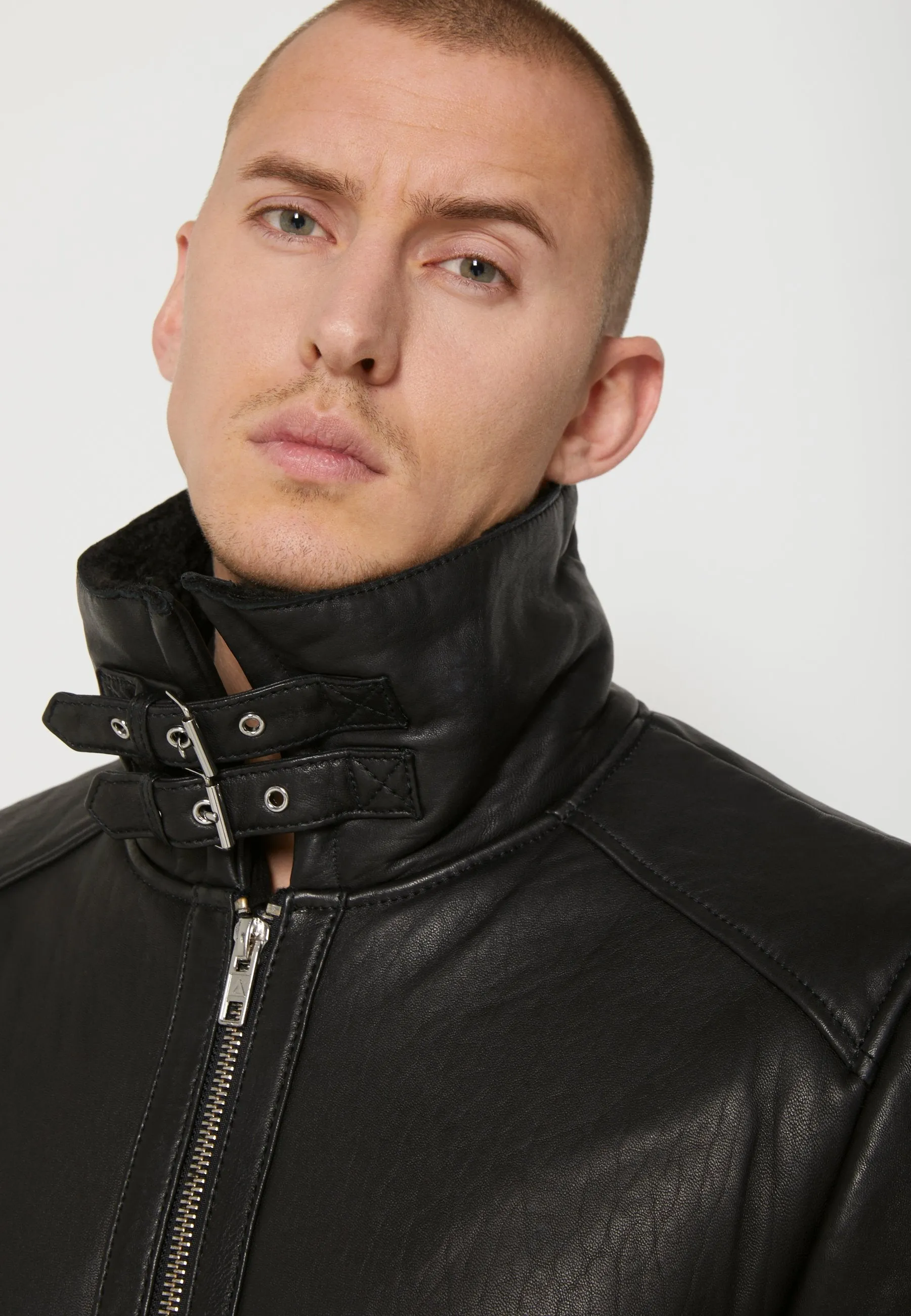 Men's Black Leather Black Shearling Jacket