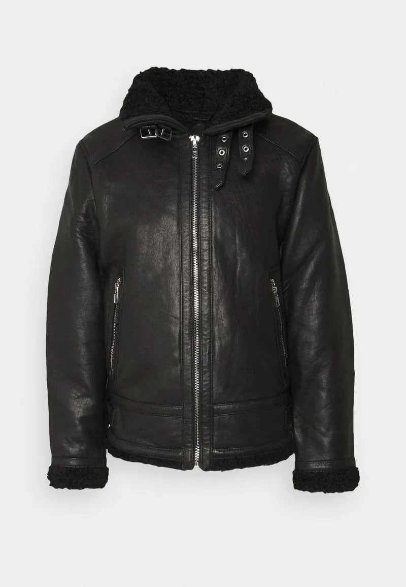 Men's Black Leather Black Shearling Jacket