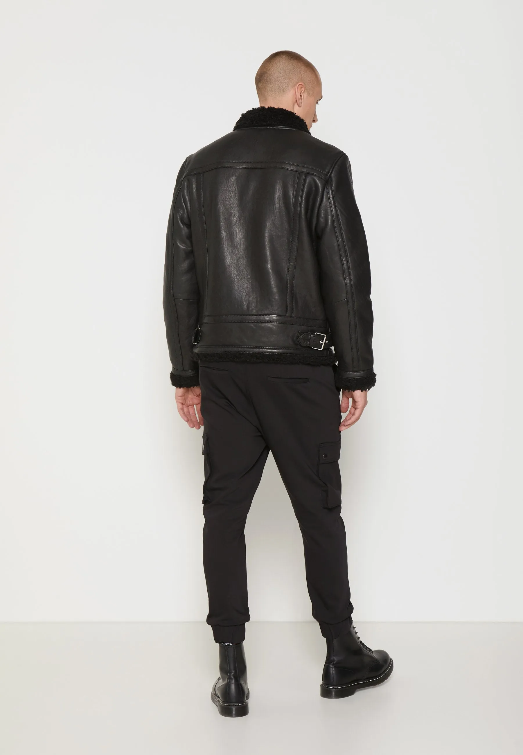 Men's Black Leather Black Shearling Jacket