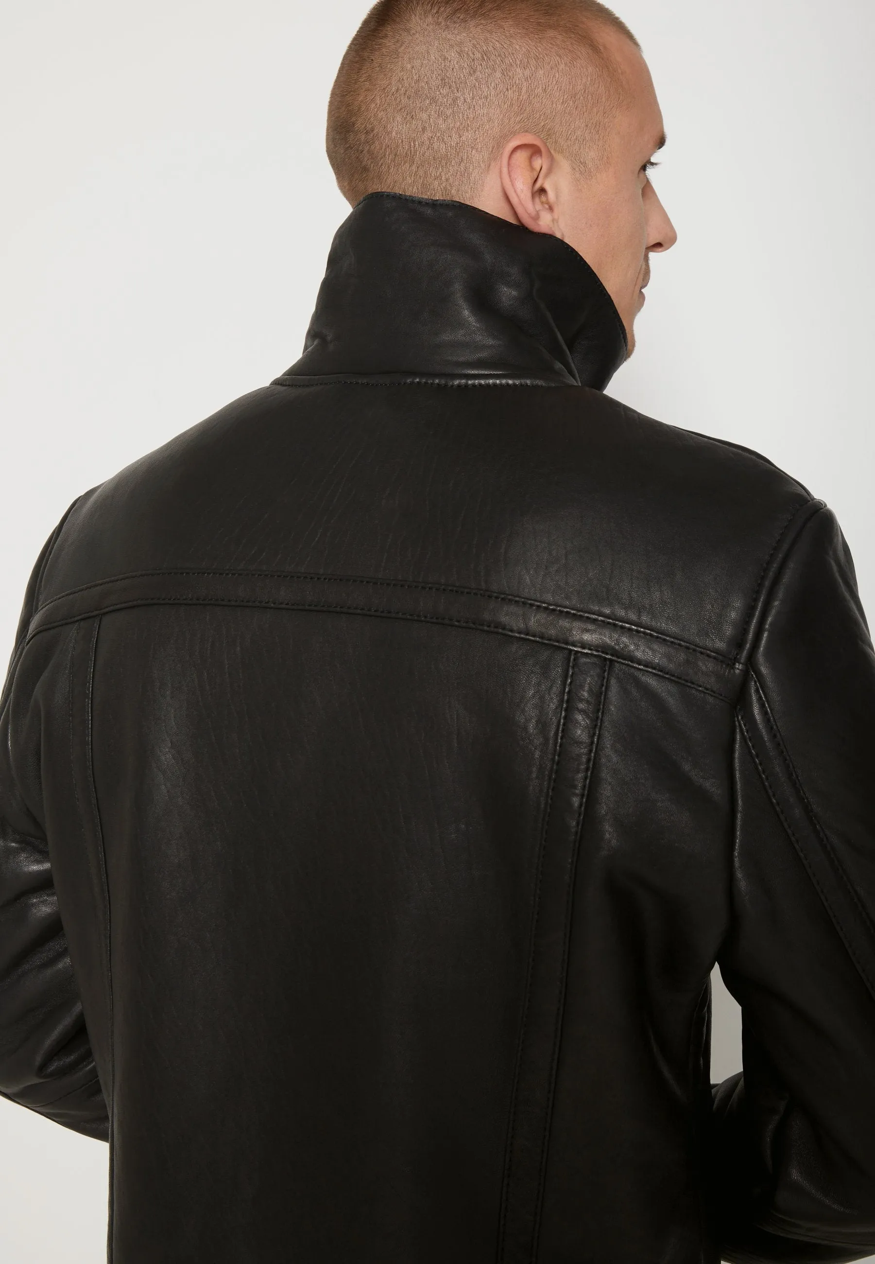 Men's Black Leather Black Shearling Jacket