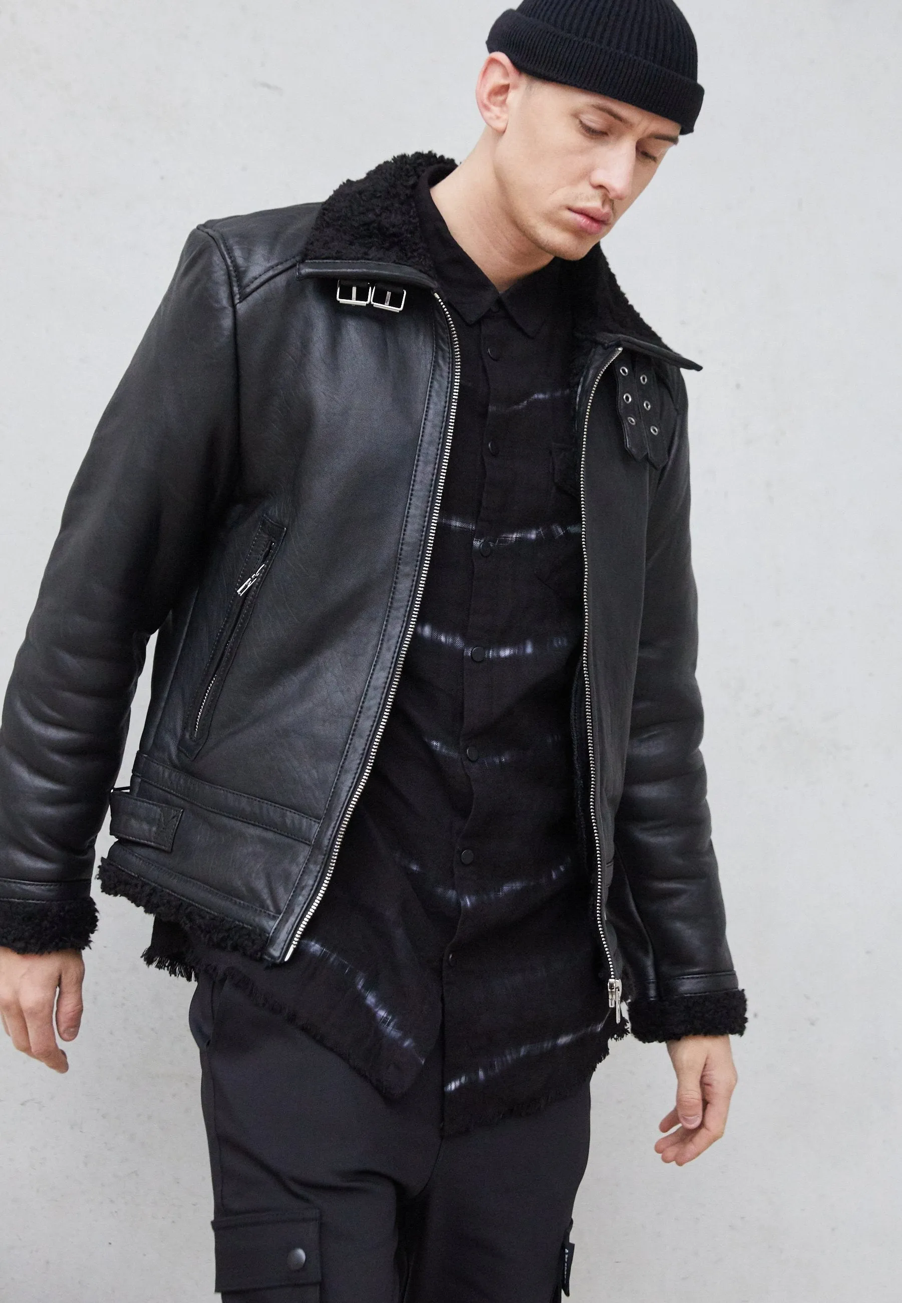 Men's Black Leather Black Shearling Jacket