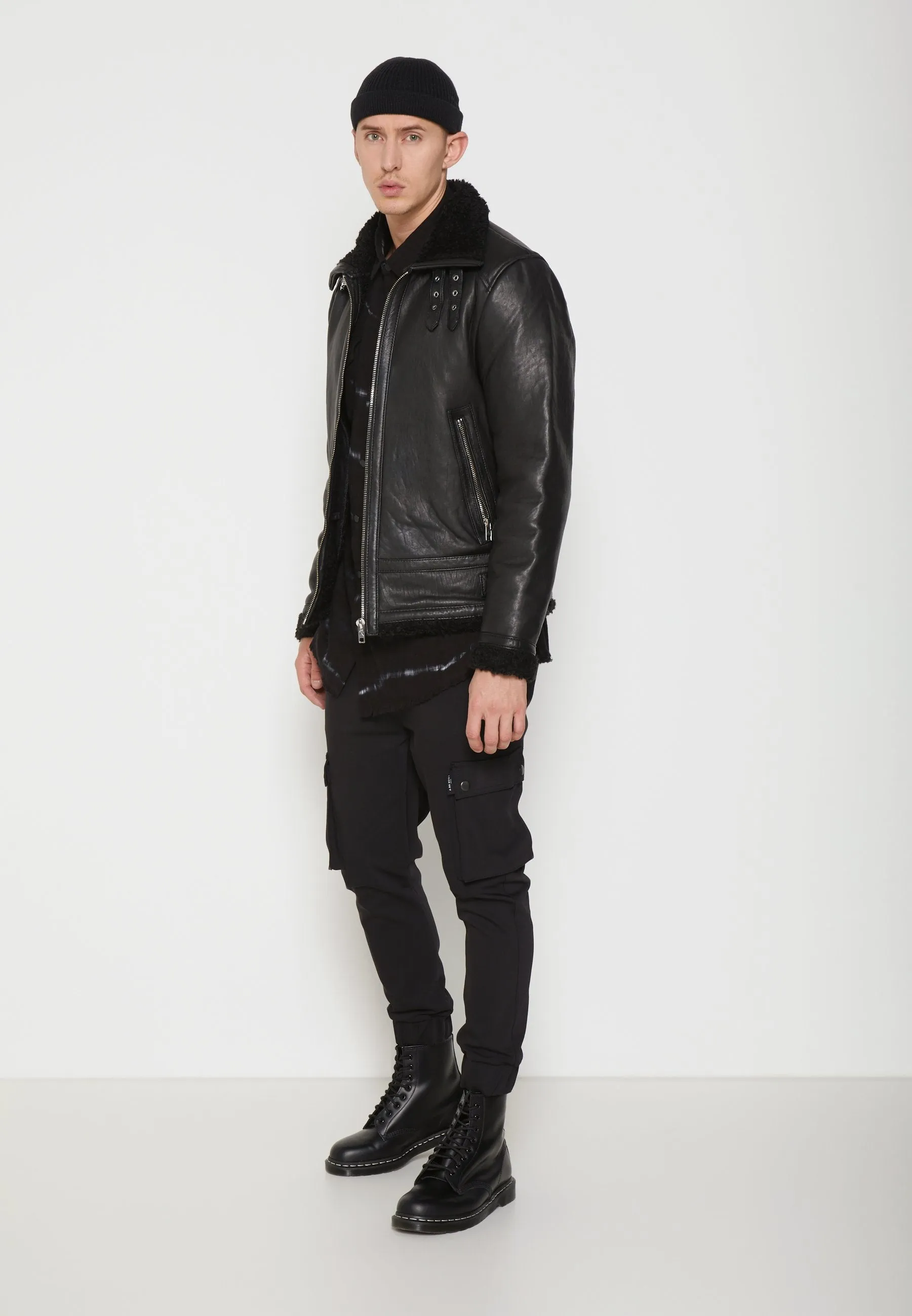 Men's Black Leather Black Shearling Jacket