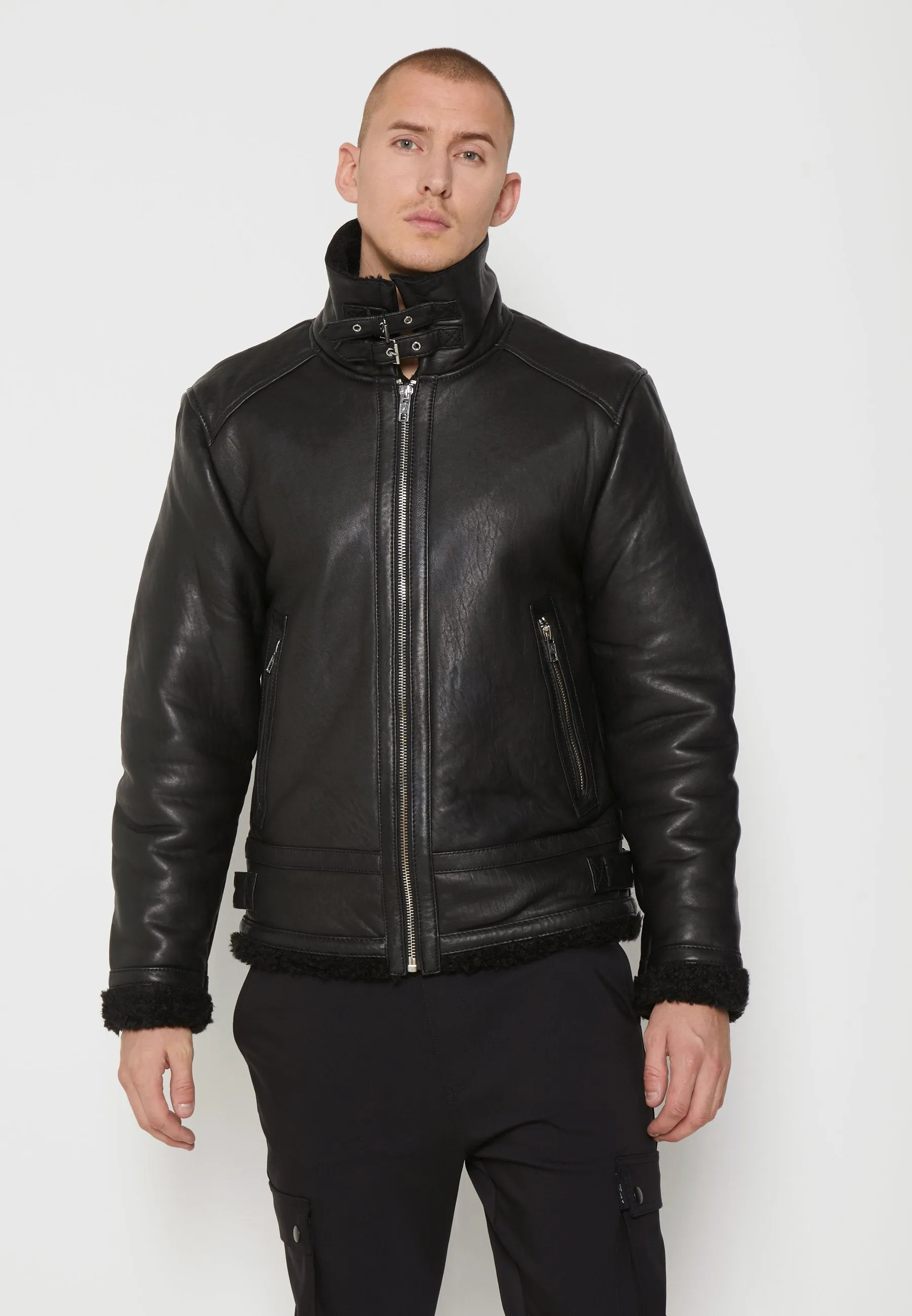 Men's Black Leather Black Shearling Jacket