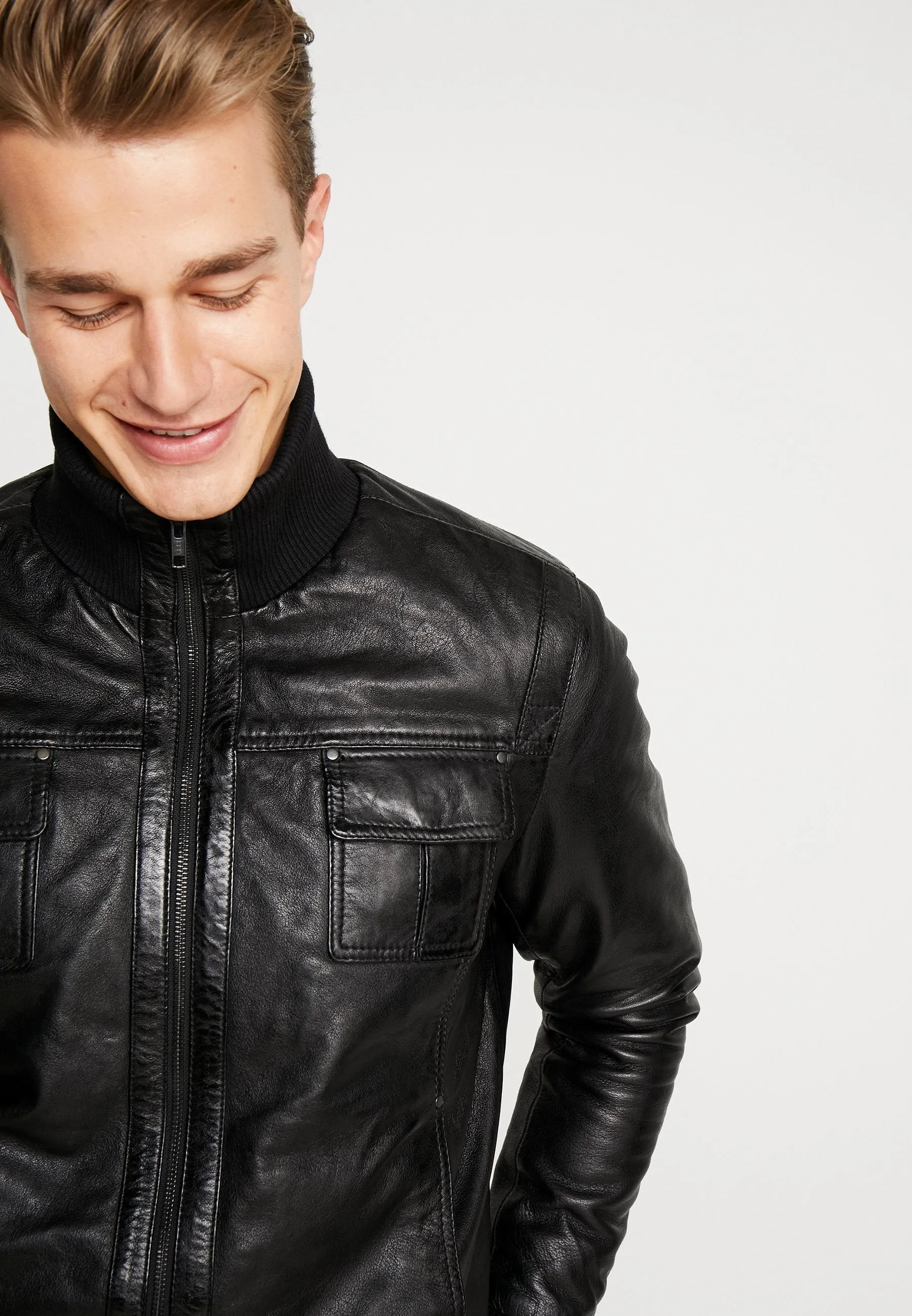 Men’s Black Leather Bomber Jacket