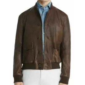 Men's Brown Leather Baseball Bomber Jacket