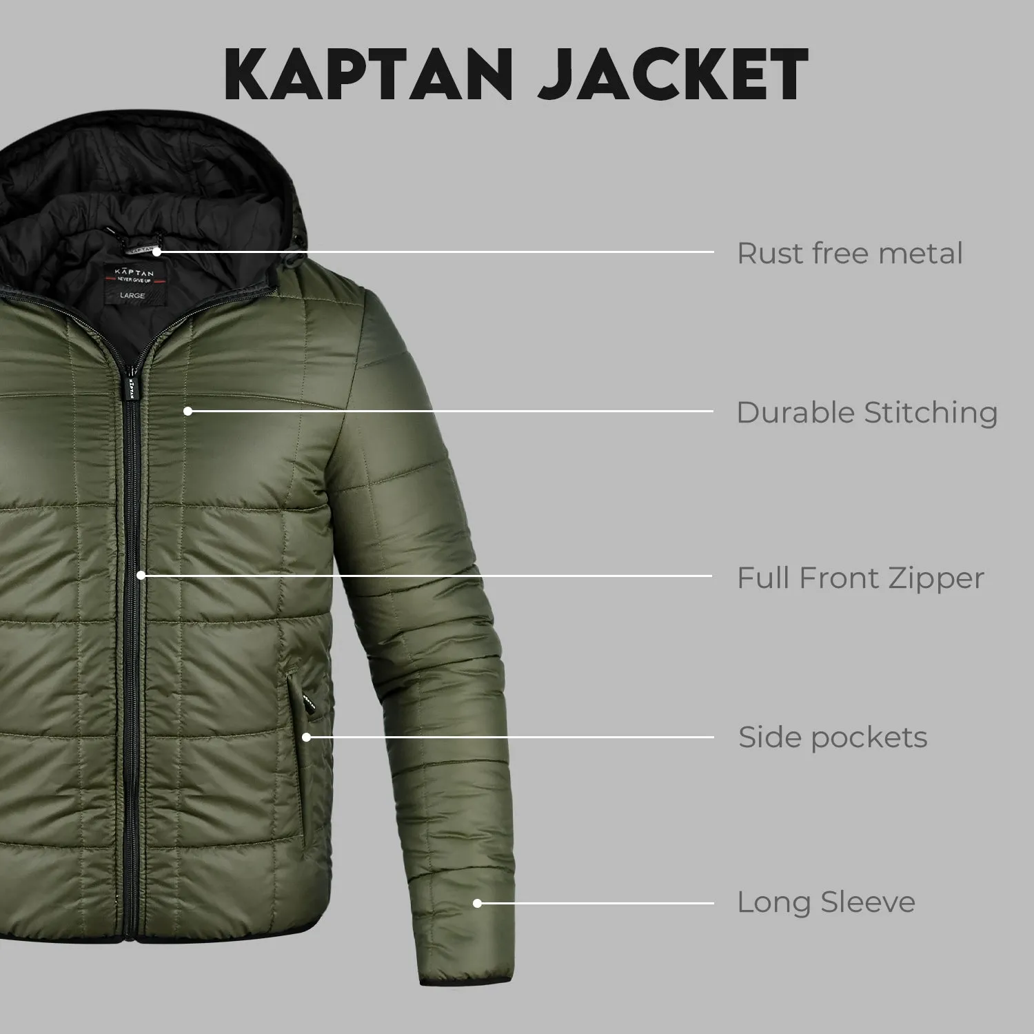 Mens Puffer Jacket Hooded - Olive Green | Kaptan