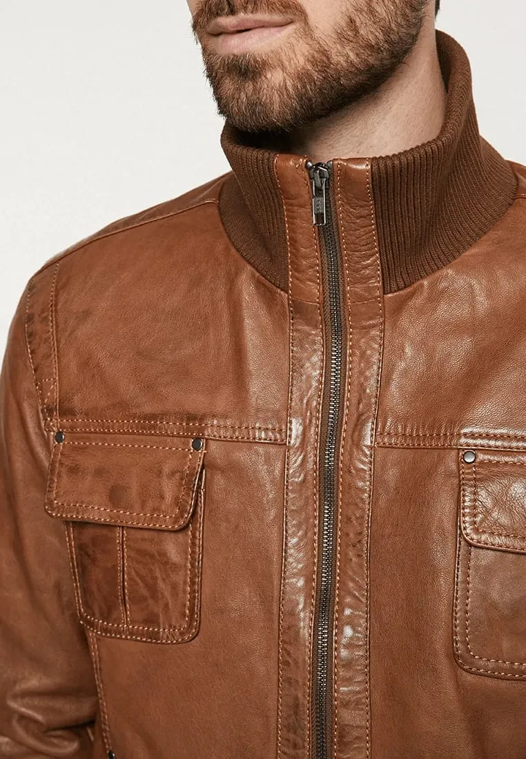 Men's Tan Brown Leather Bomber Jacket