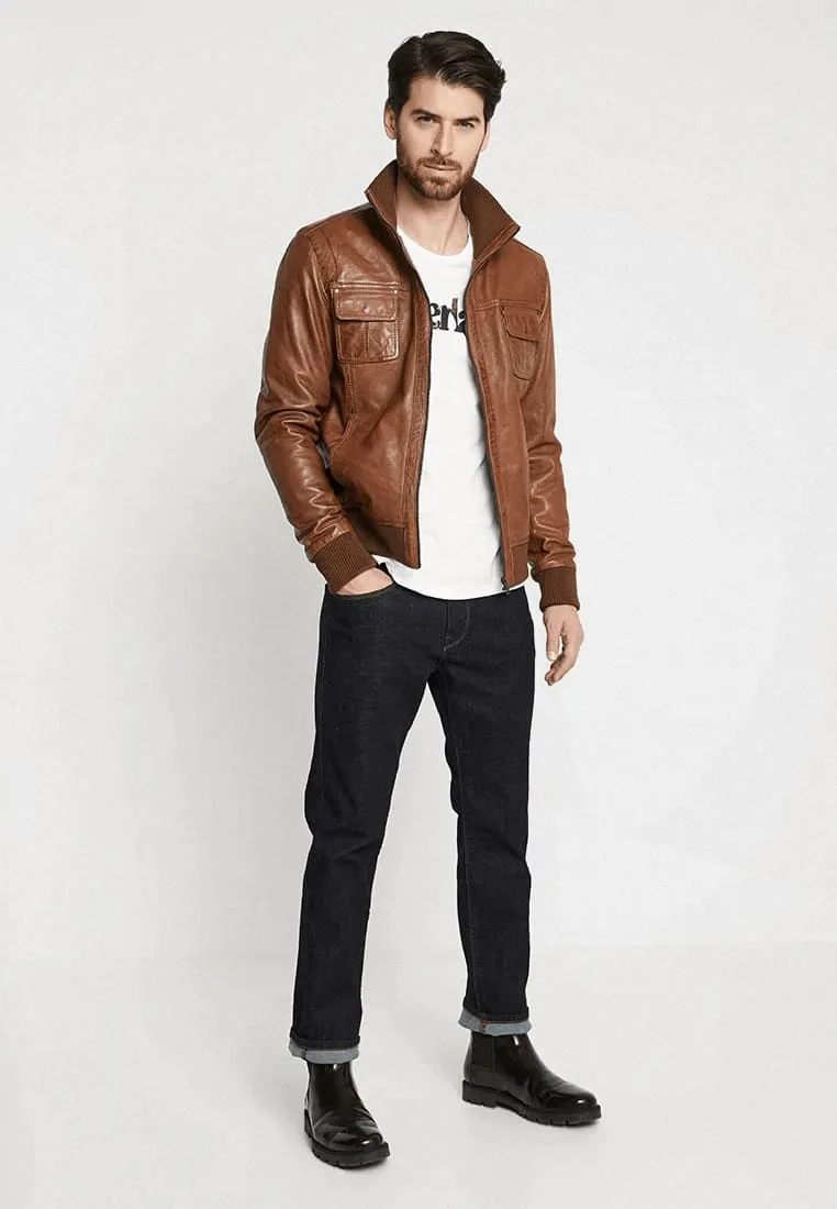 Men's Tan Brown Leather Bomber Jacket