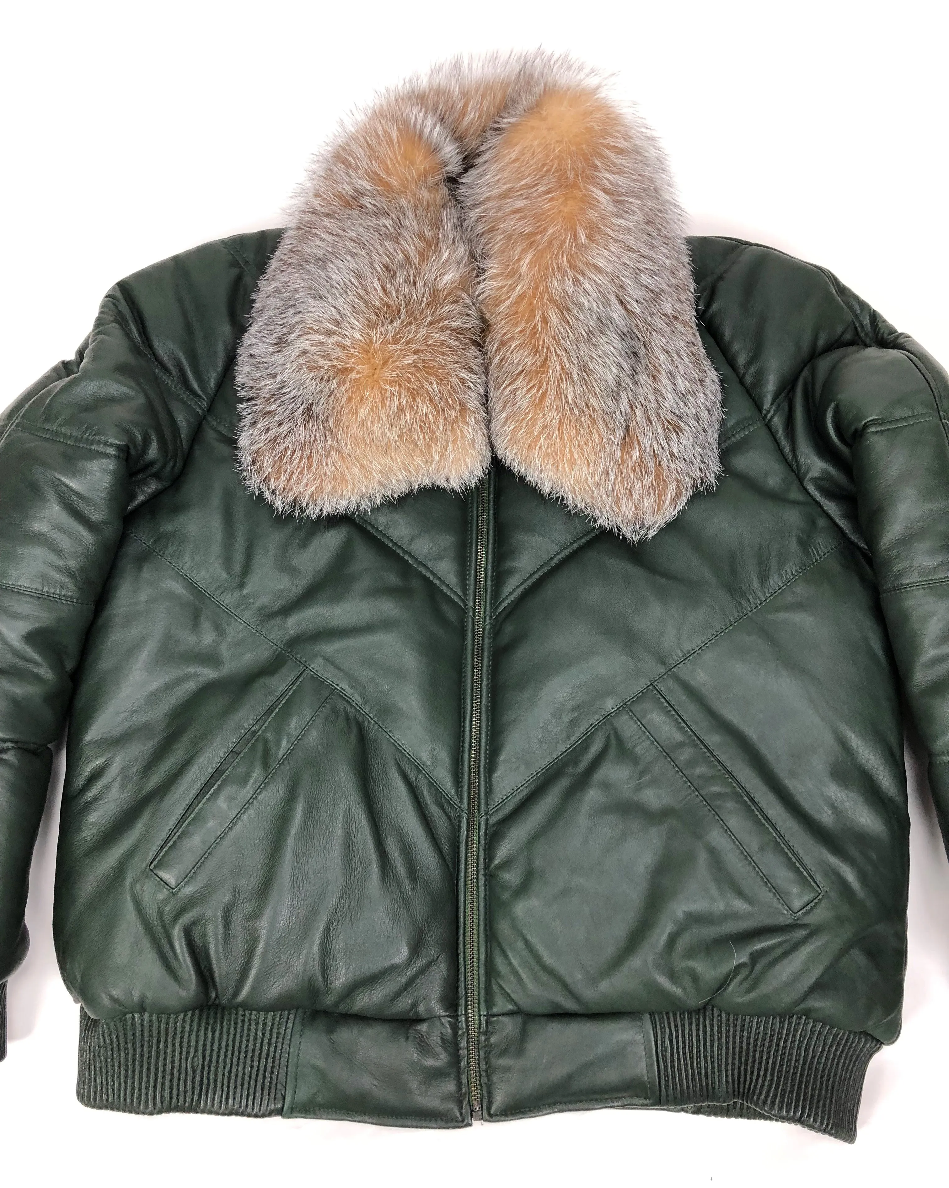 Men's V-Bomber Forest Green Premium Crystal Fox Collar