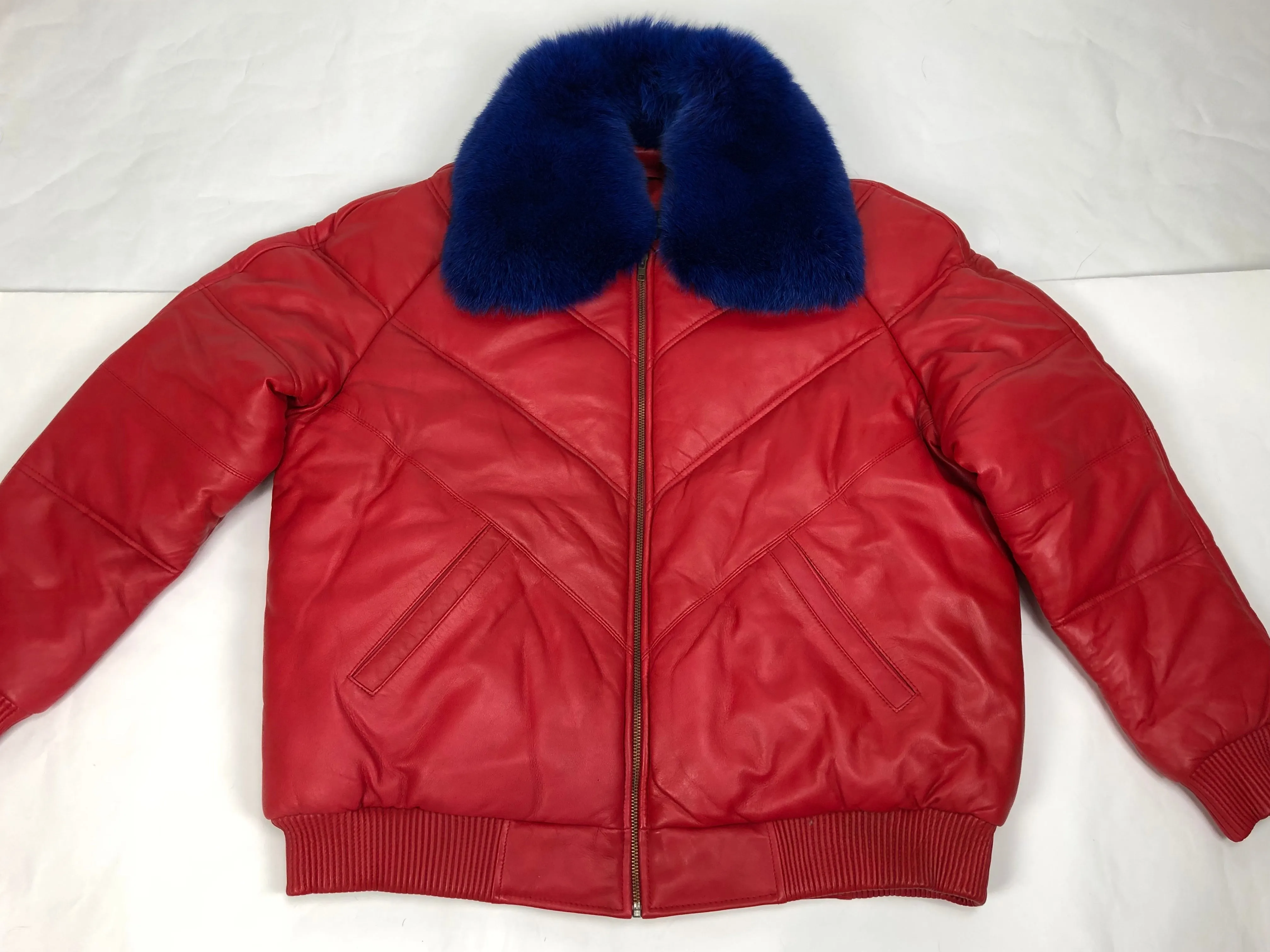 Men's V-Bomber Red Premium Royal Blue Fox Collar