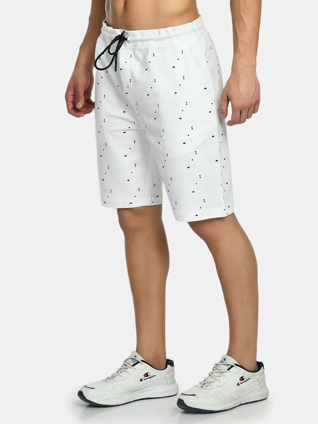 Men's White Regular Fit Printed Knit Shorts