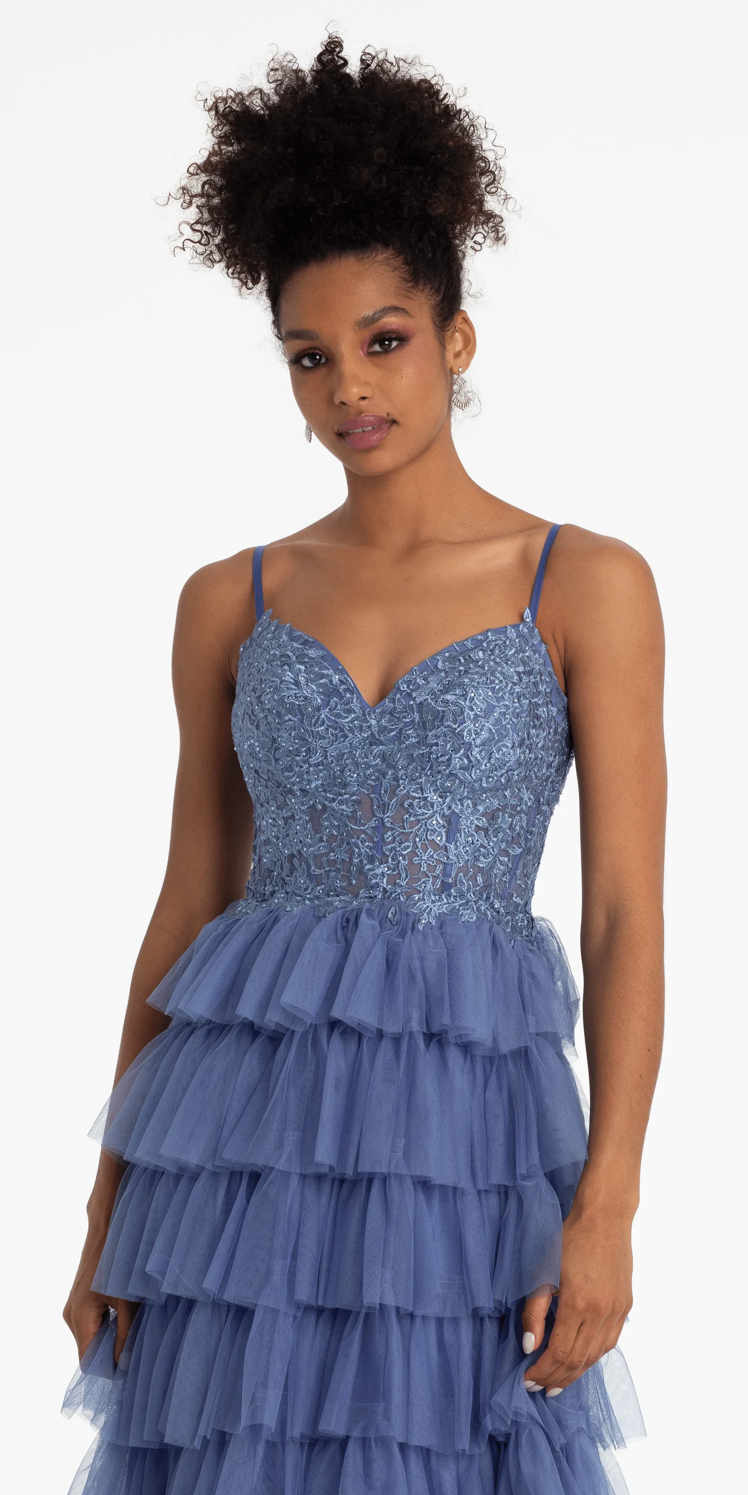 Mesh Tiered Corset Keyhole Back Ballgown