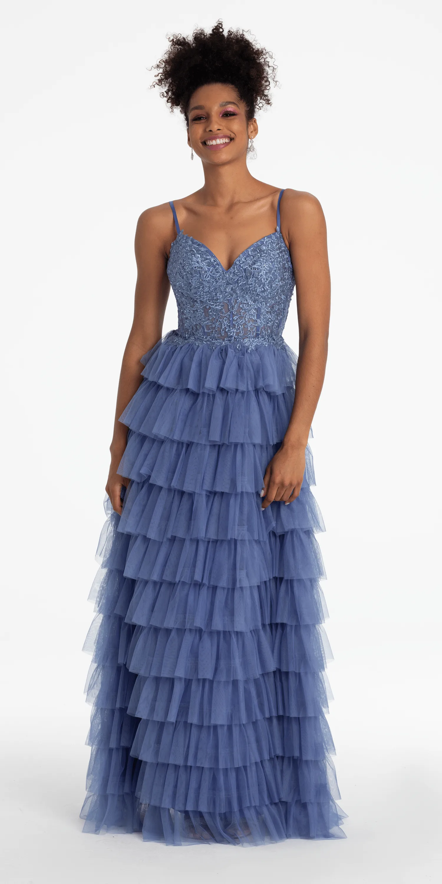 Mesh Tiered Corset Keyhole Back Ballgown