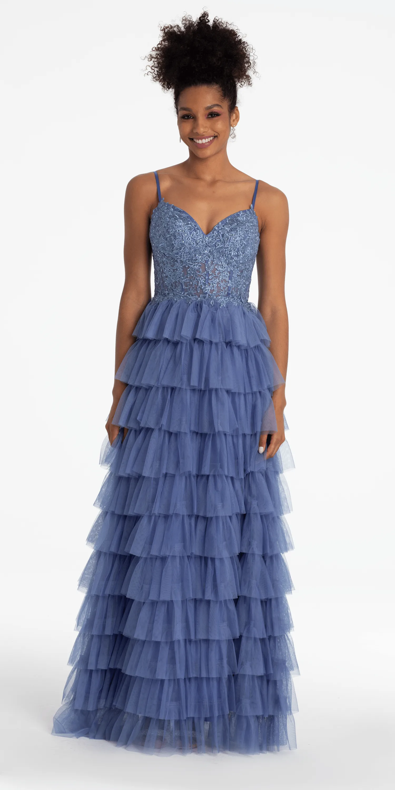 Mesh Tiered Corset Keyhole Back Ballgown