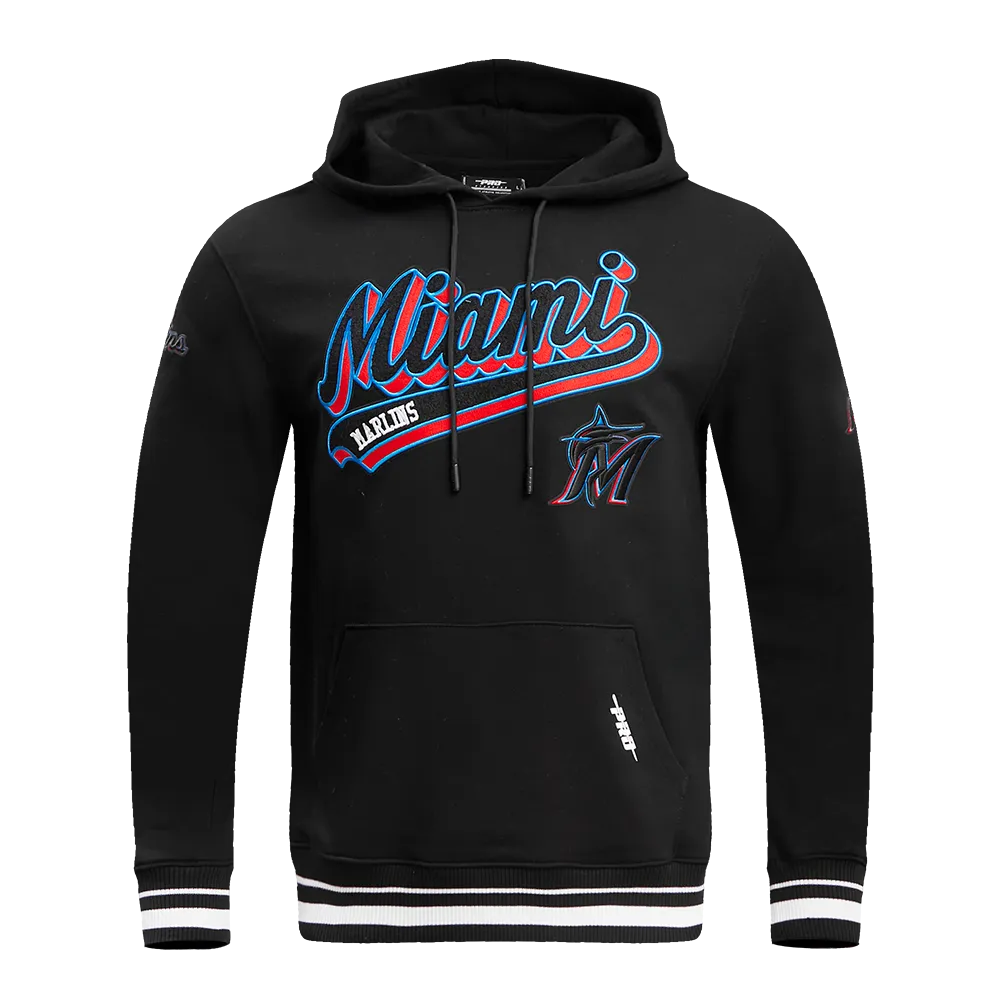 MLB MIAMI MARLINS SCRIPT TAIL MEN'S RIB FLEECE PULLOVER HOODIE (BLACK)