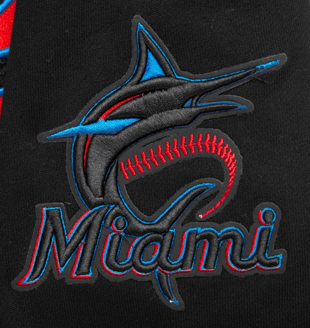 MLB MIAMI MARLINS SCRIPT TAIL MEN'S RIB FLEECE PULLOVER HOODIE (BLACK)