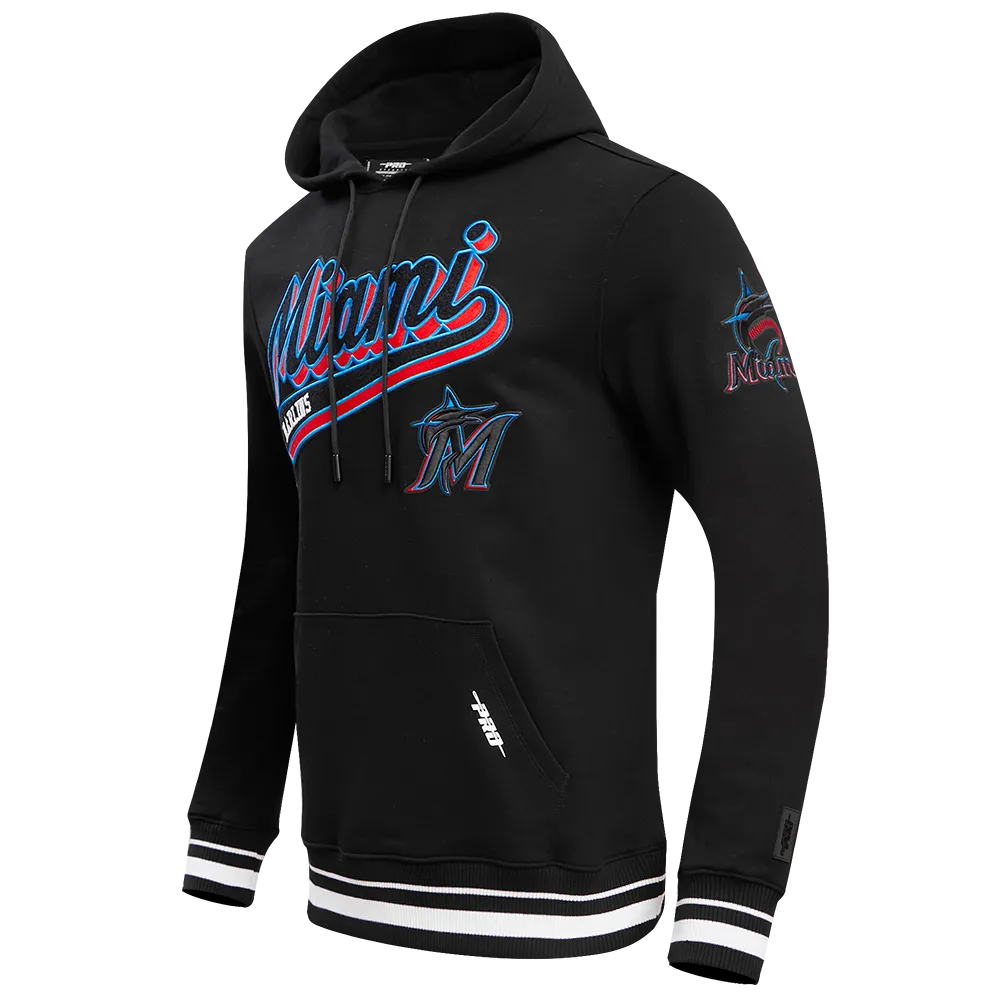 MLB MIAMI MARLINS SCRIPT TAIL MEN'S RIB FLEECE PULLOVER HOODIE (BLACK)