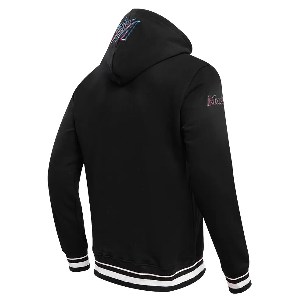 MLB MIAMI MARLINS SCRIPT TAIL MEN'S RIB FLEECE PULLOVER HOODIE (BLACK)