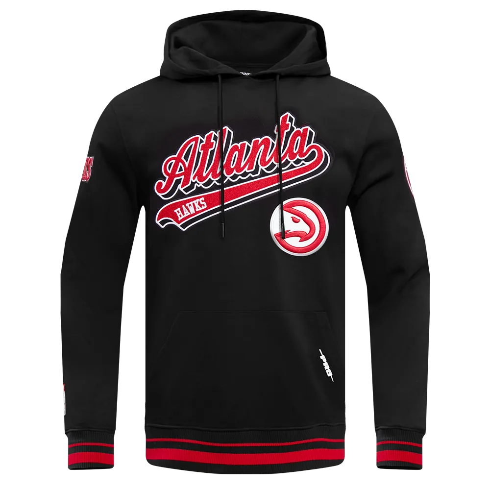 NBA ATLANTA HAWKS SCRIPT TAIL MEN'S RIB FLEECE PULLOVER HOODIE (BLACK/RED/BLACK)