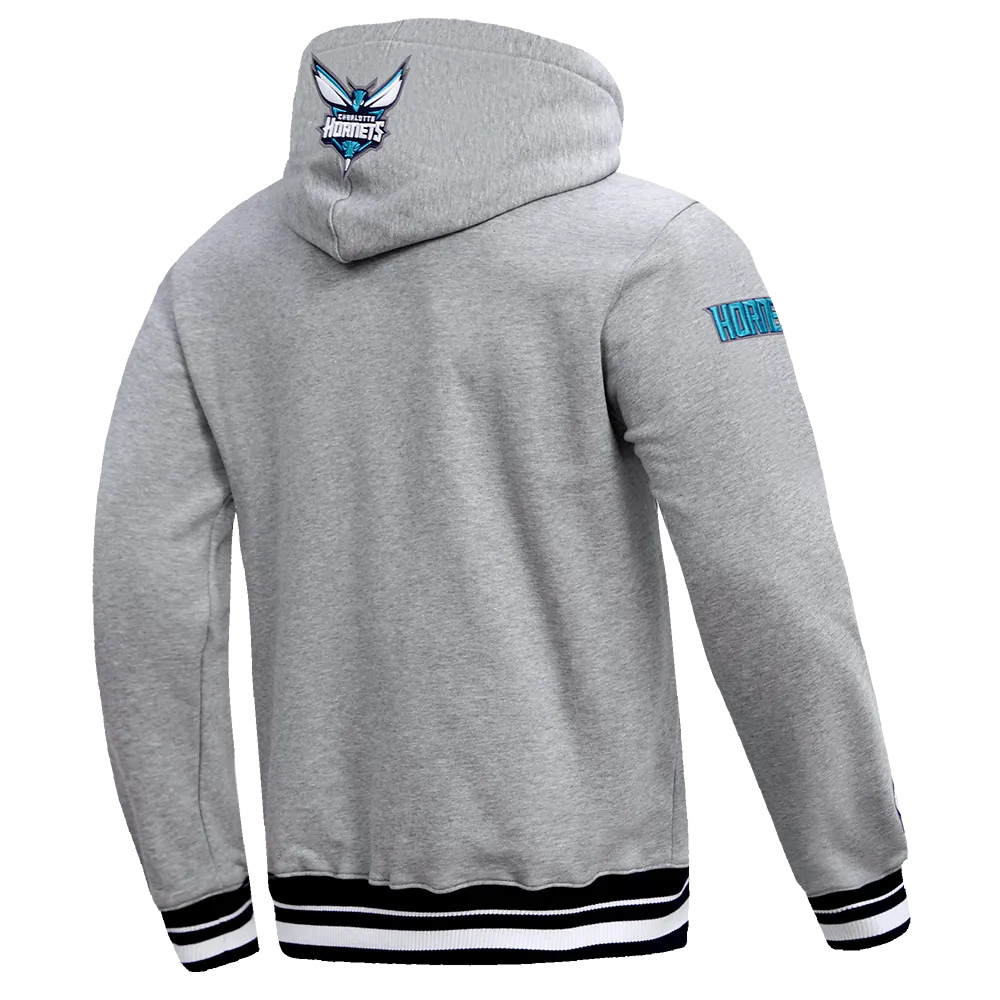 NBA CHARLOTTE HORNETS SCRIPT TAIL MEN'S RIB FLEECE PULLOVER HOODIE (HEATHER GRAY/BLACK)