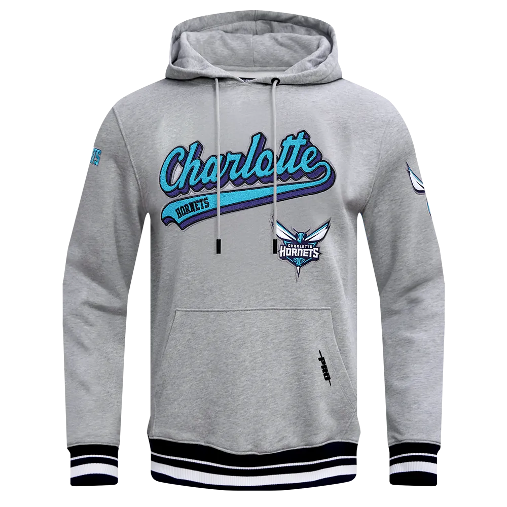 NBA CHARLOTTE HORNETS SCRIPT TAIL MEN'S RIB FLEECE PULLOVER HOODIE (HEATHER GRAY/BLACK)