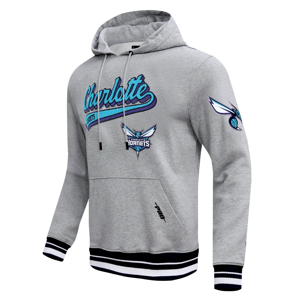 NBA CHARLOTTE HORNETS SCRIPT TAIL MEN'S RIB FLEECE PULLOVER HOODIE (HEATHER GRAY/BLACK)