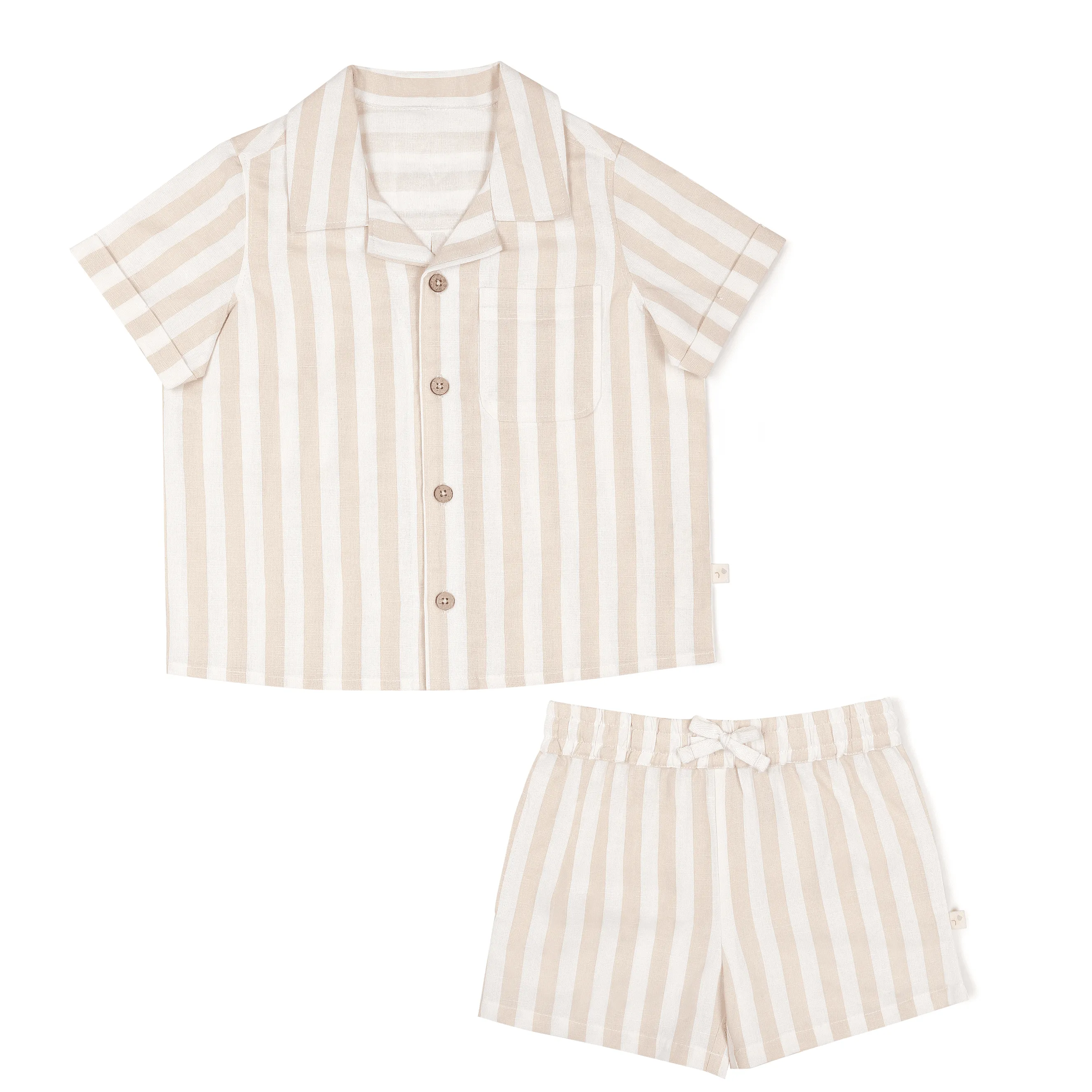 Organic Boys Shirt and Shorts Outfit Linen - Beige Stripes