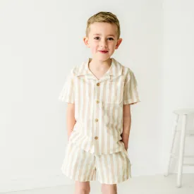 Organic Boys Shirt and Shorts Outfit Linen - Beige Stripes