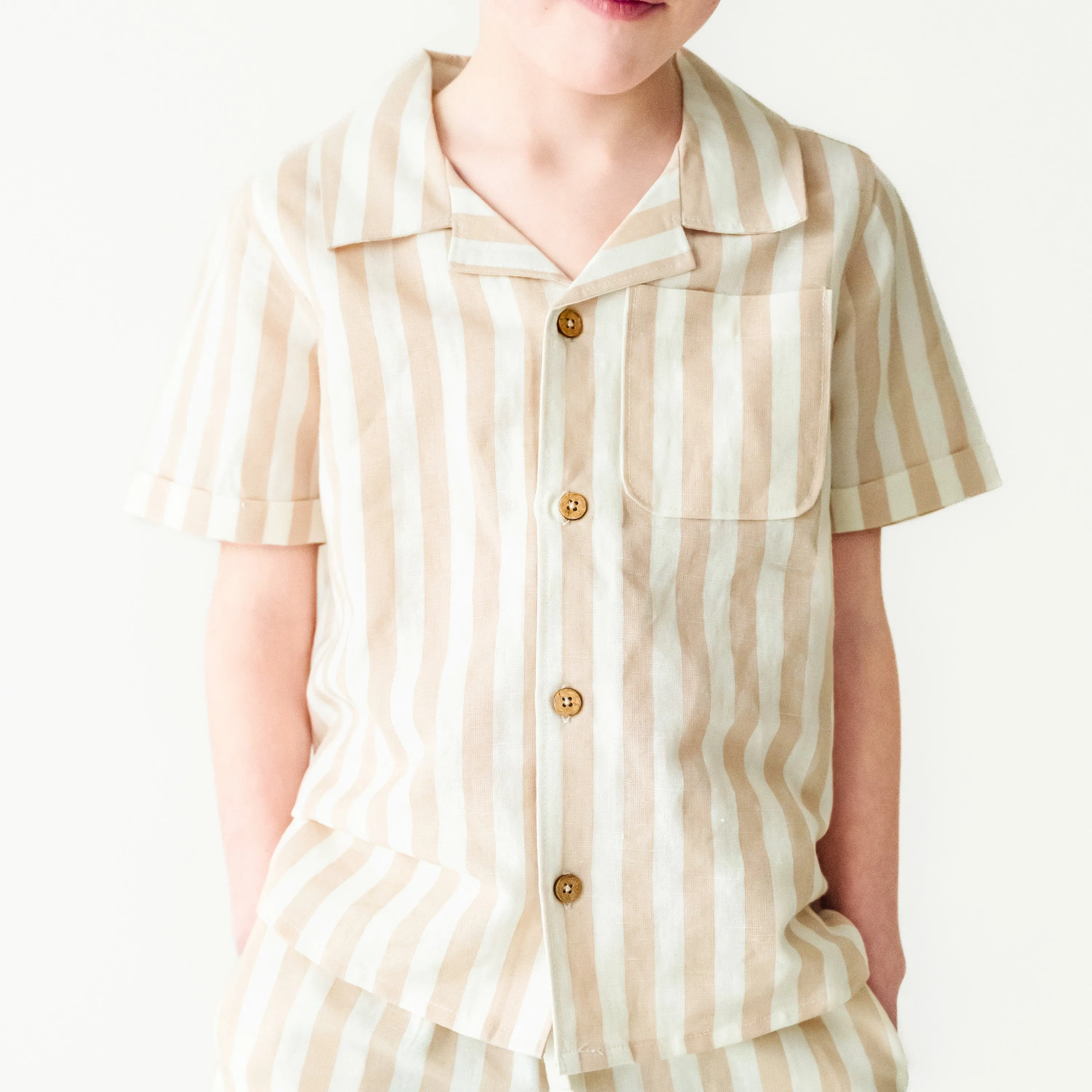 Organic Boys Shirt and Shorts Outfit Linen - Beige Stripes