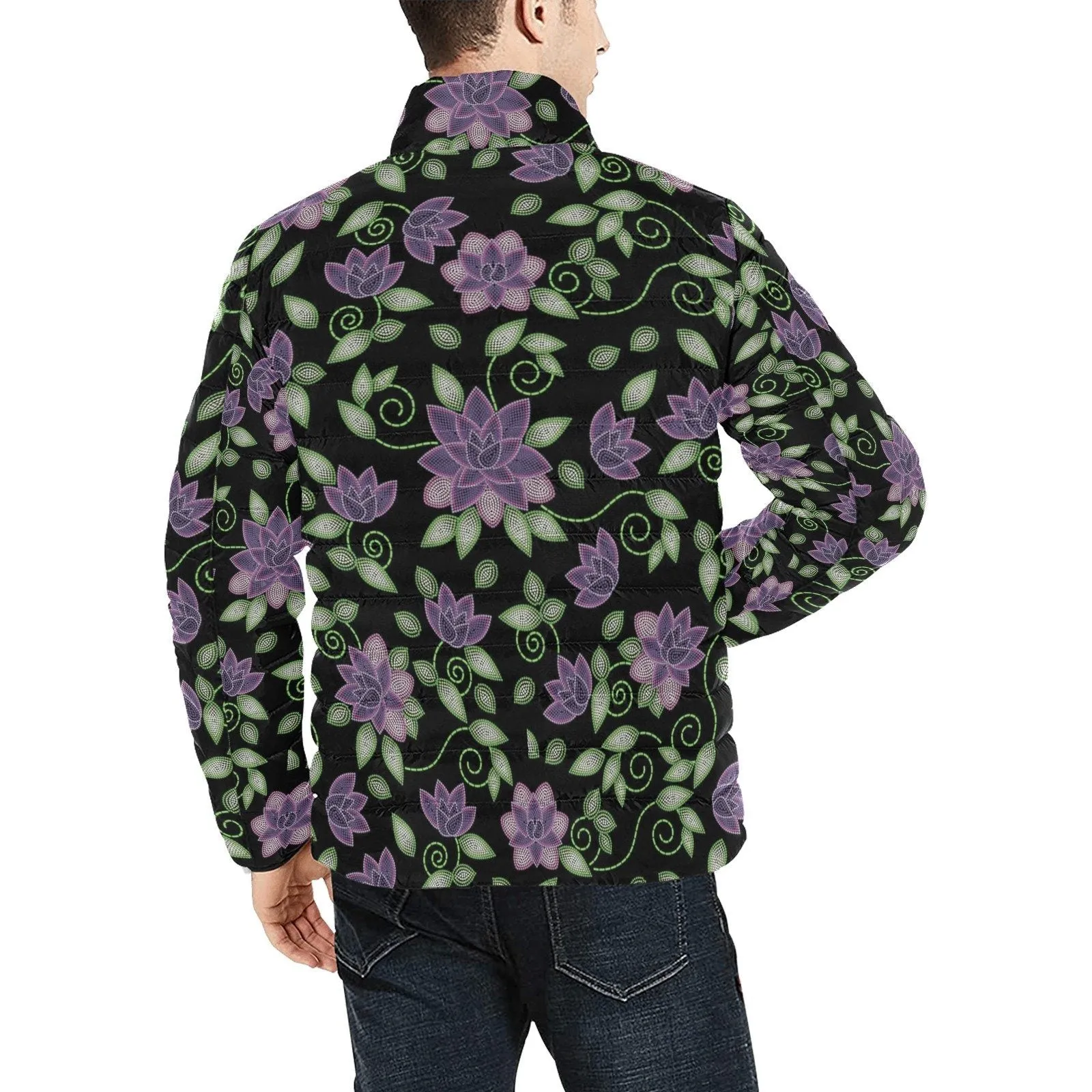 Purple Beaded Rose Men's Stand Collar Padded Jacket