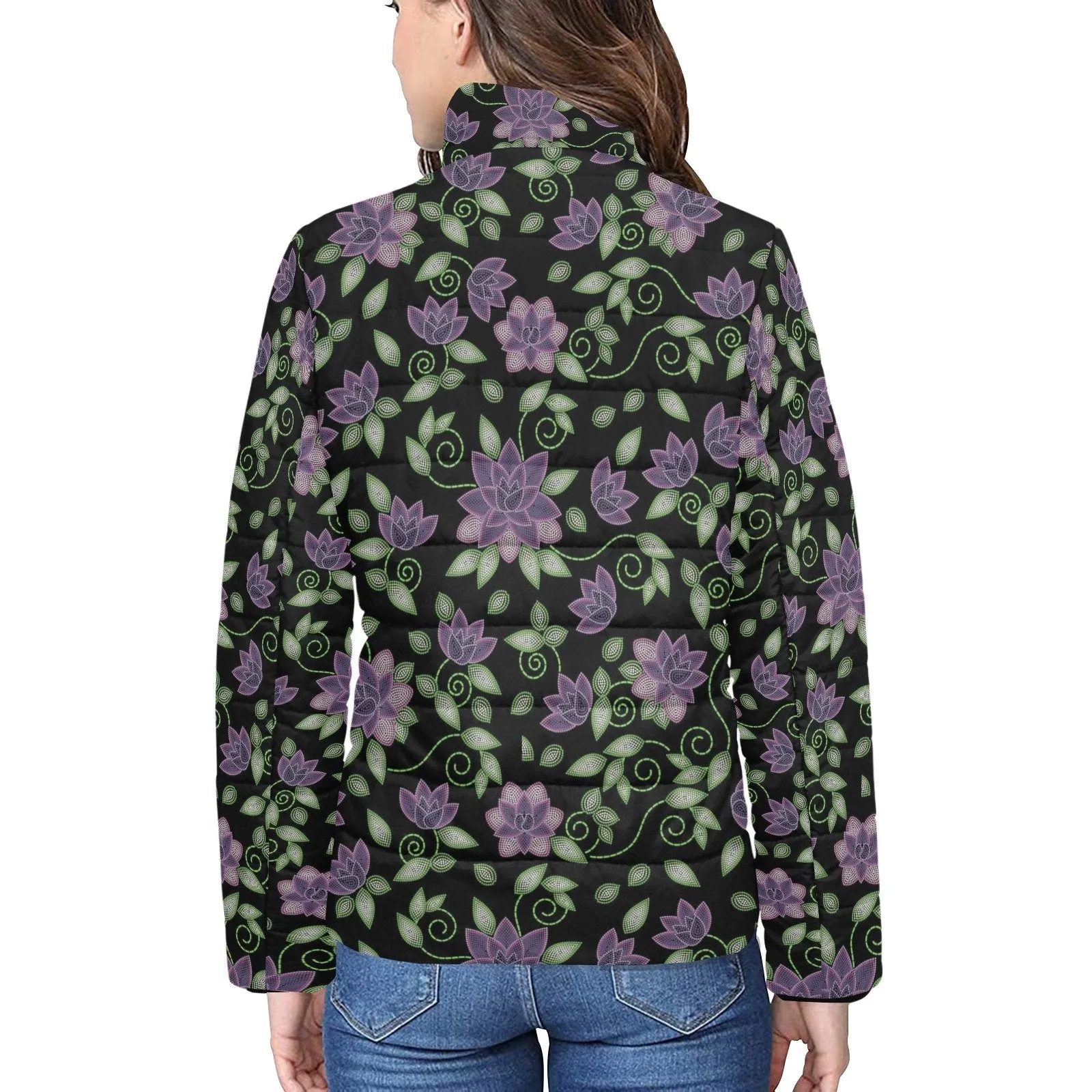 Purple Beaded Rose Women's Stand Collar Padded Jacket