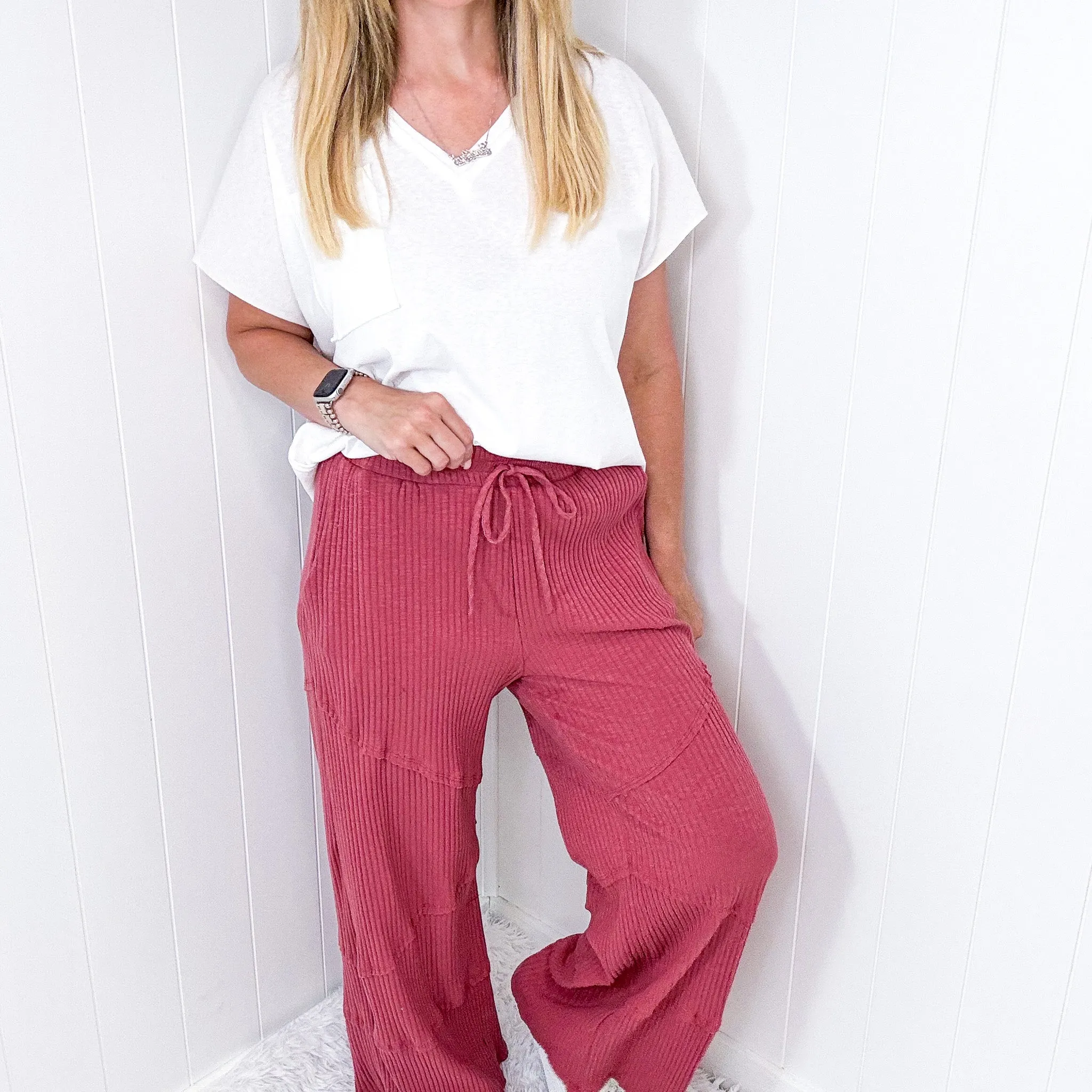 Relax and Unwind Ribbed Knit Cross Hemlines Palazzo Pants in 3 Colors