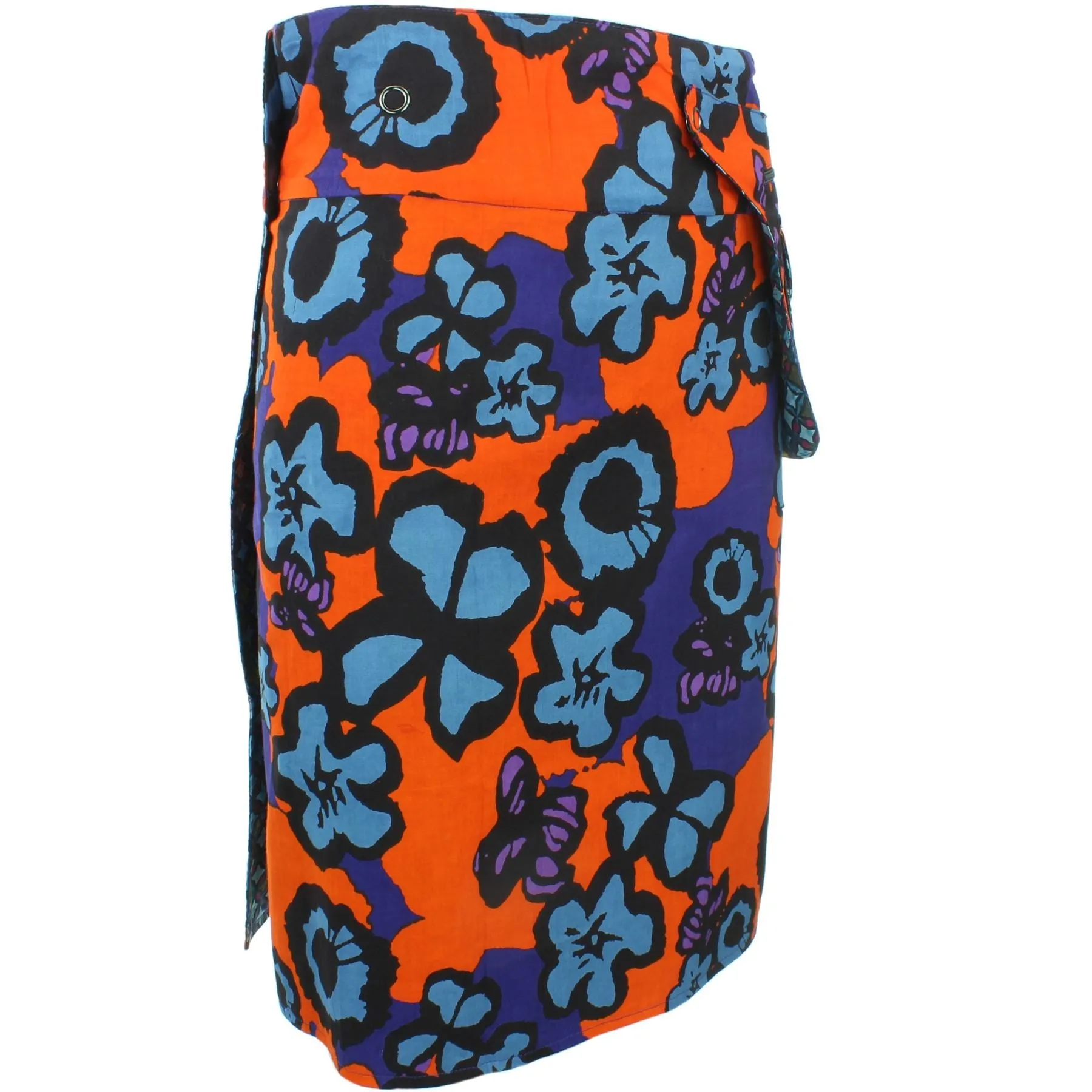 Reversible Popper Wrap Knee Length Skirt - Diamond Block / Ikat Floral