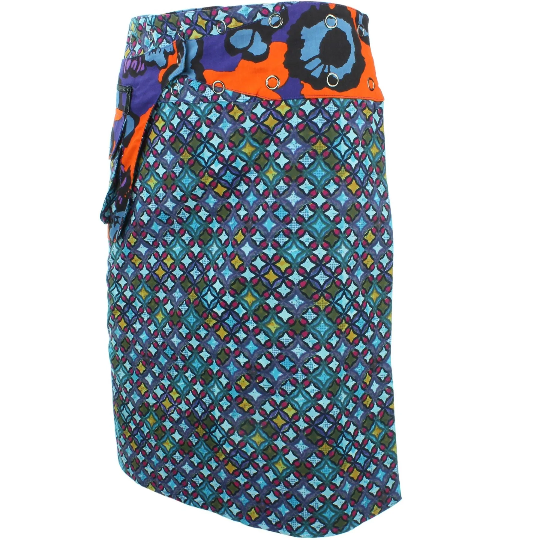 Reversible Popper Wrap Knee Length Skirt - Diamond Block / Ikat Floral