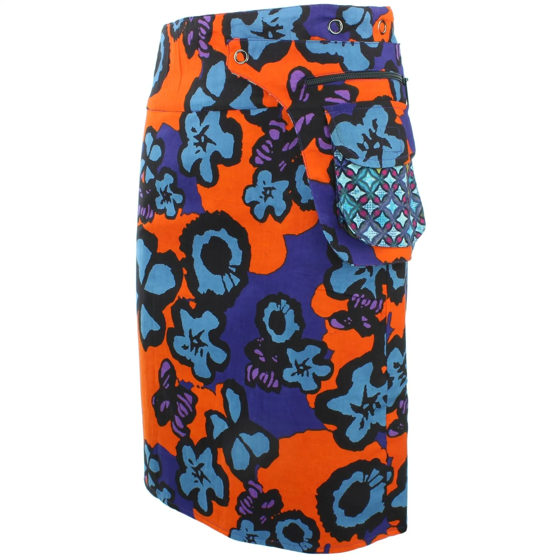 Reversible Popper Wrap Knee Length Skirt - Diamond Block / Ikat Floral