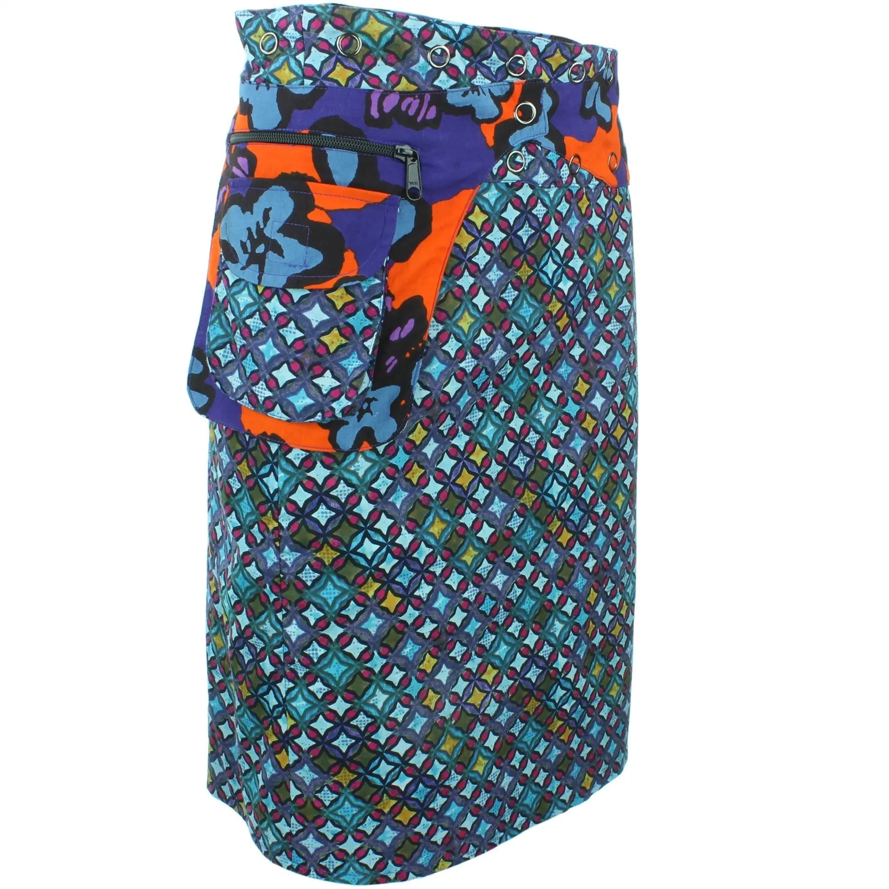 Reversible Popper Wrap Knee Length Skirt - Diamond Block / Ikat Floral