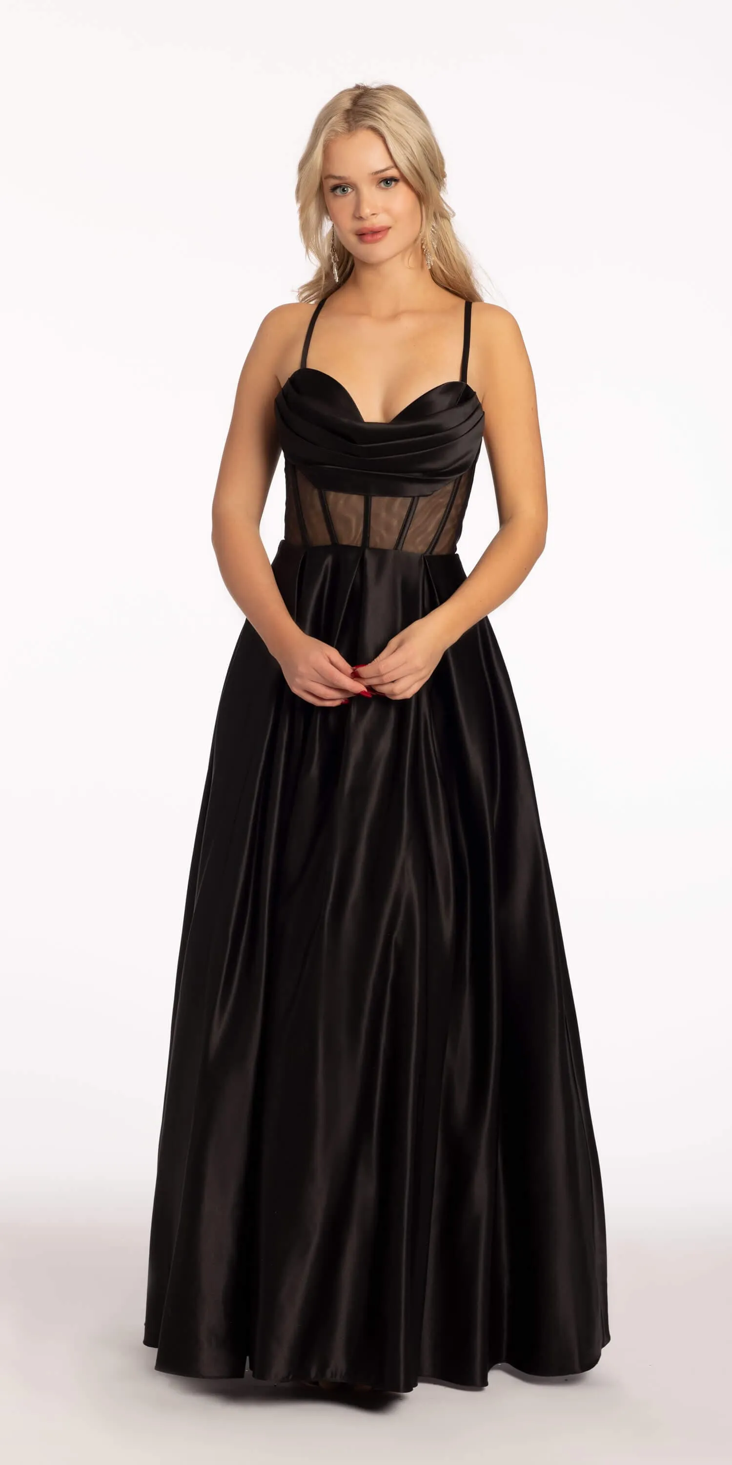 Satin Drape Sheer Corset Ballgown with Pockets