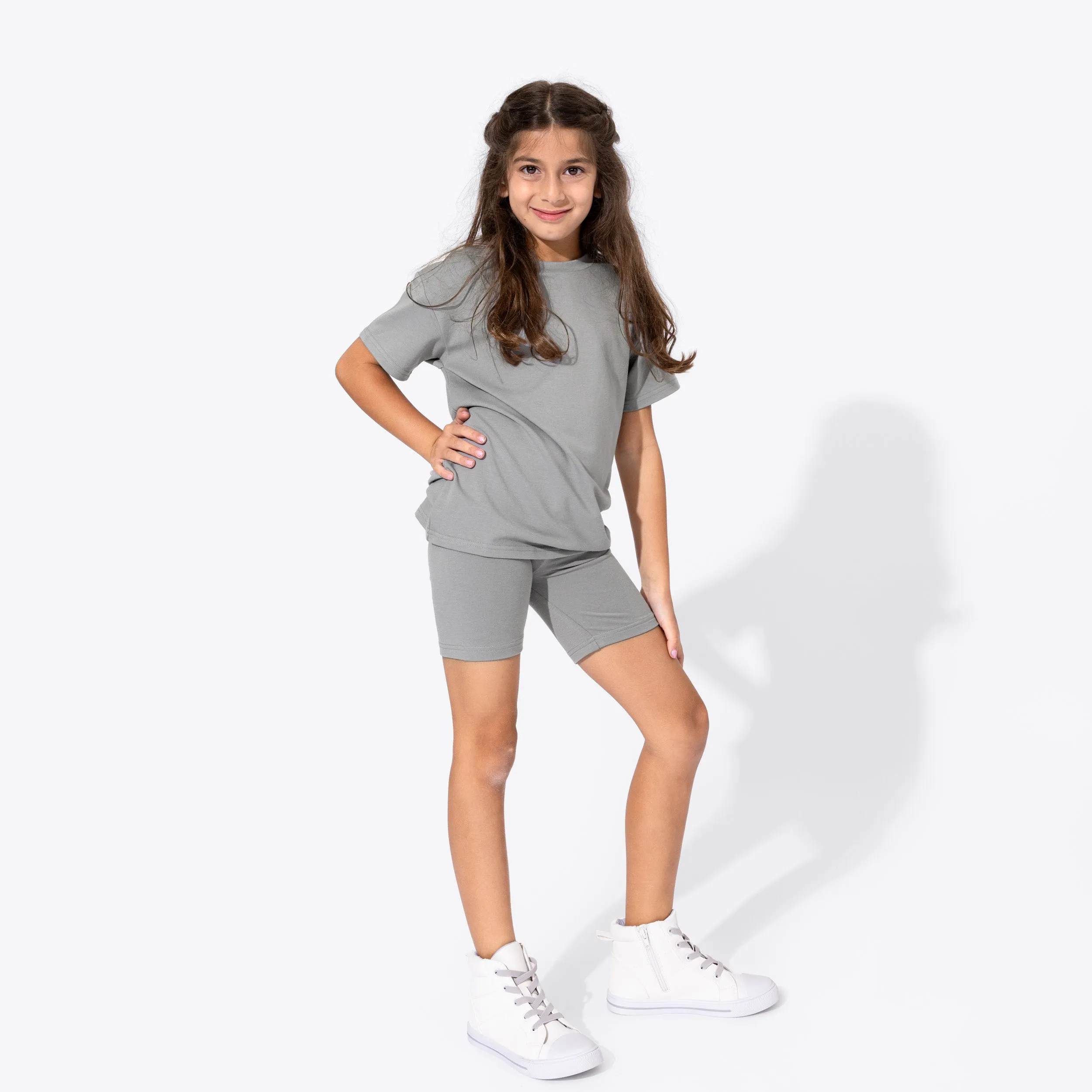 Stormy Grey Bamboo Blend Kid's Oversized Tee & Biker Short Set