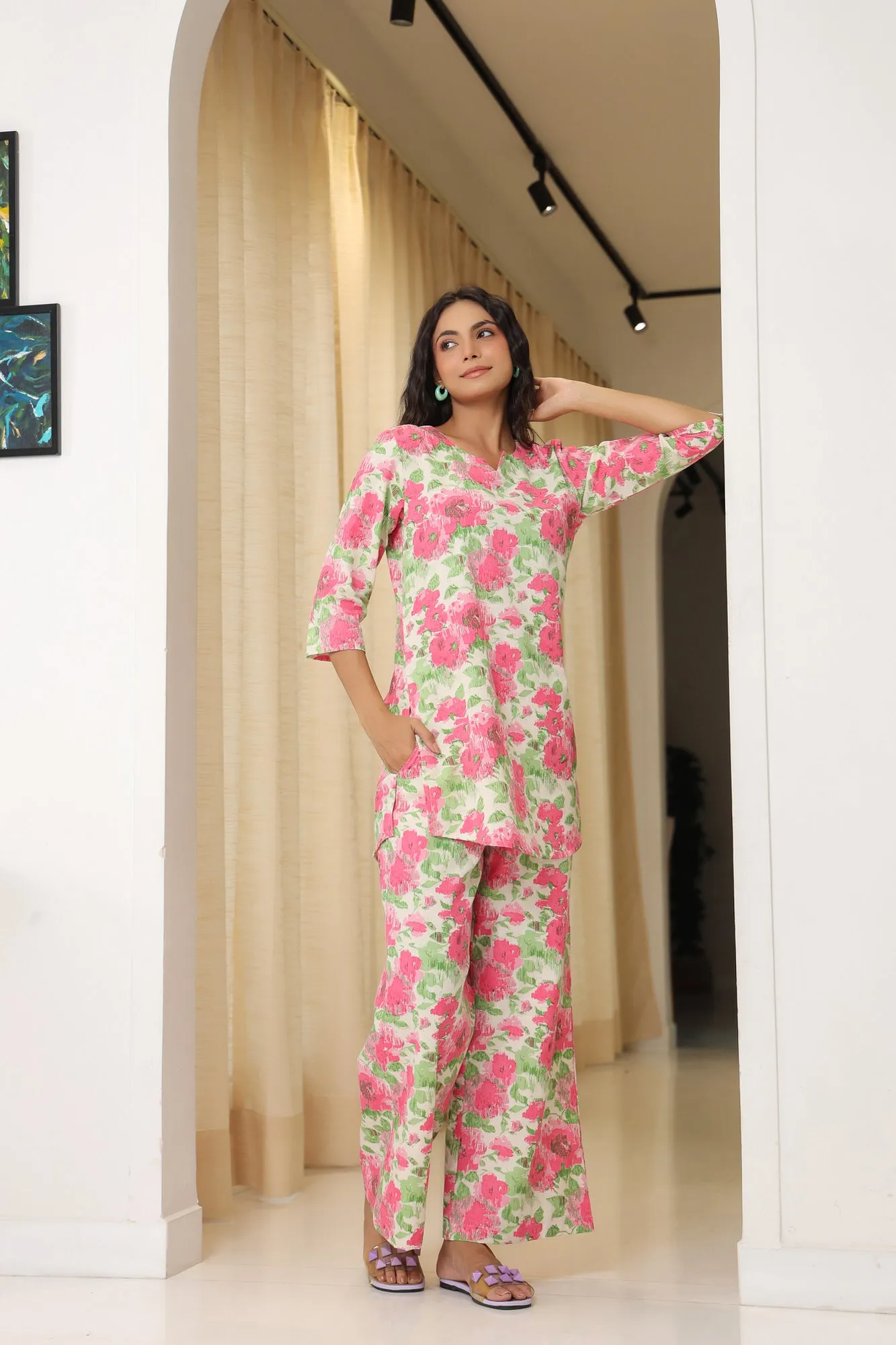 Strawberry Snap White Cotton Palazzo Loungewear Set