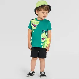 Toddler/Kid Boy's Green Dinosaur T-shirt with Casual Black Shorts Set