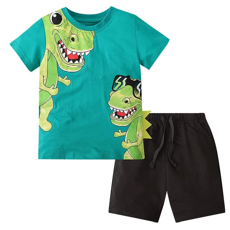 Toddler/Kid Boy's Green Dinosaur T-shirt with Casual Black Shorts Set