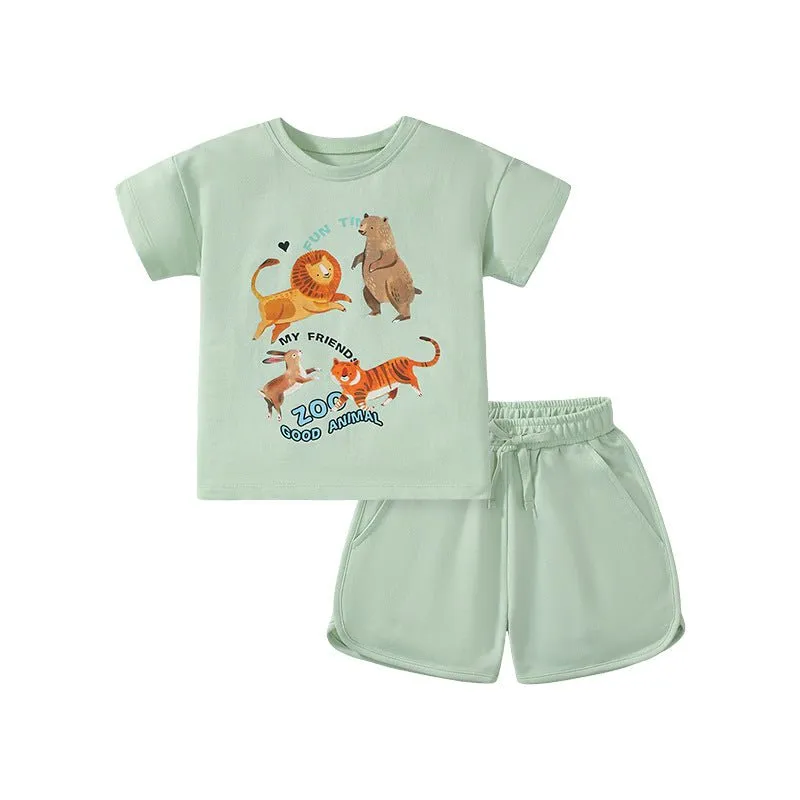 Toddler/Kid Girl's Short Sleeve Cartoon Animals Print Design Tee with Shorts Set